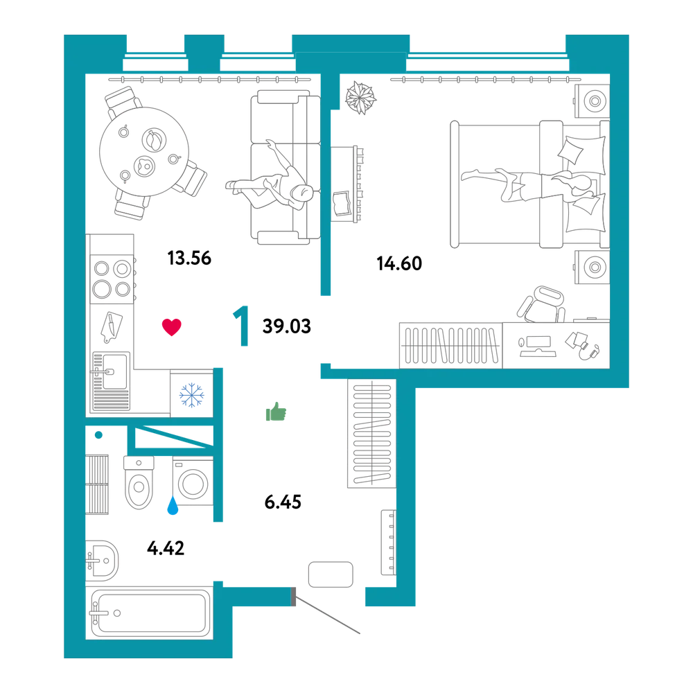 Планировка: 1-комнатная 39,03 м²
