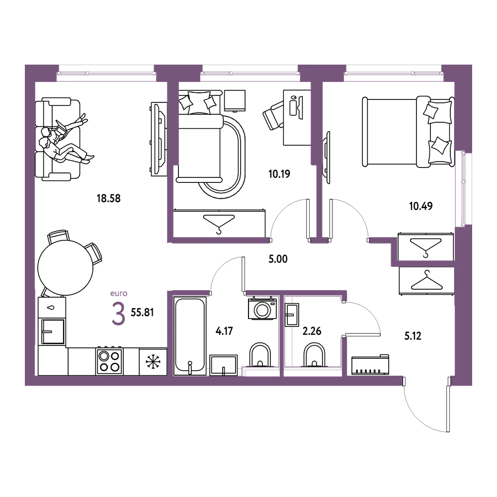 Планировка: Евротрёшка 55,81 м²