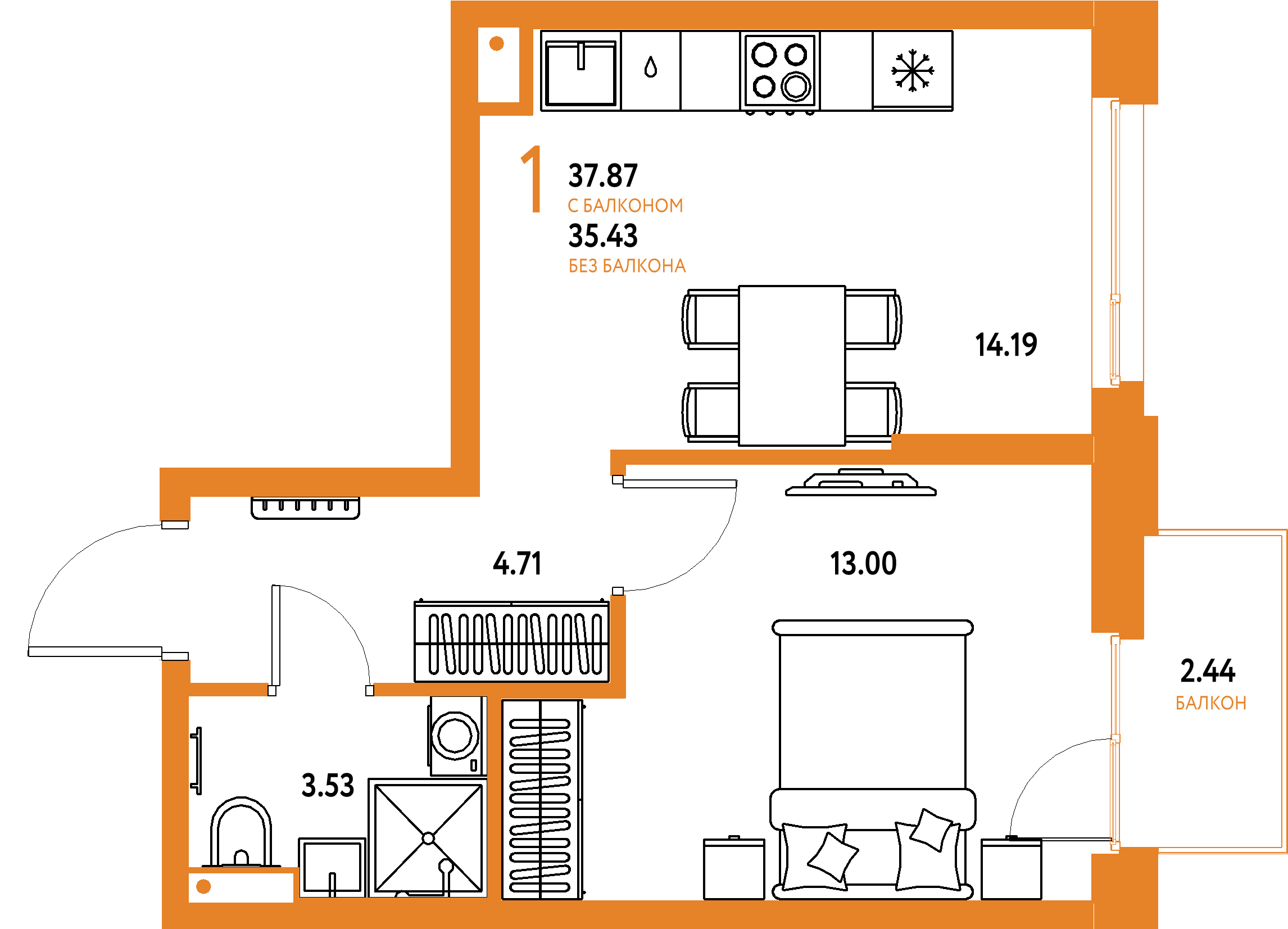 Планировка: 1-комнатная 37,87 м² в ЖК «Авторский»