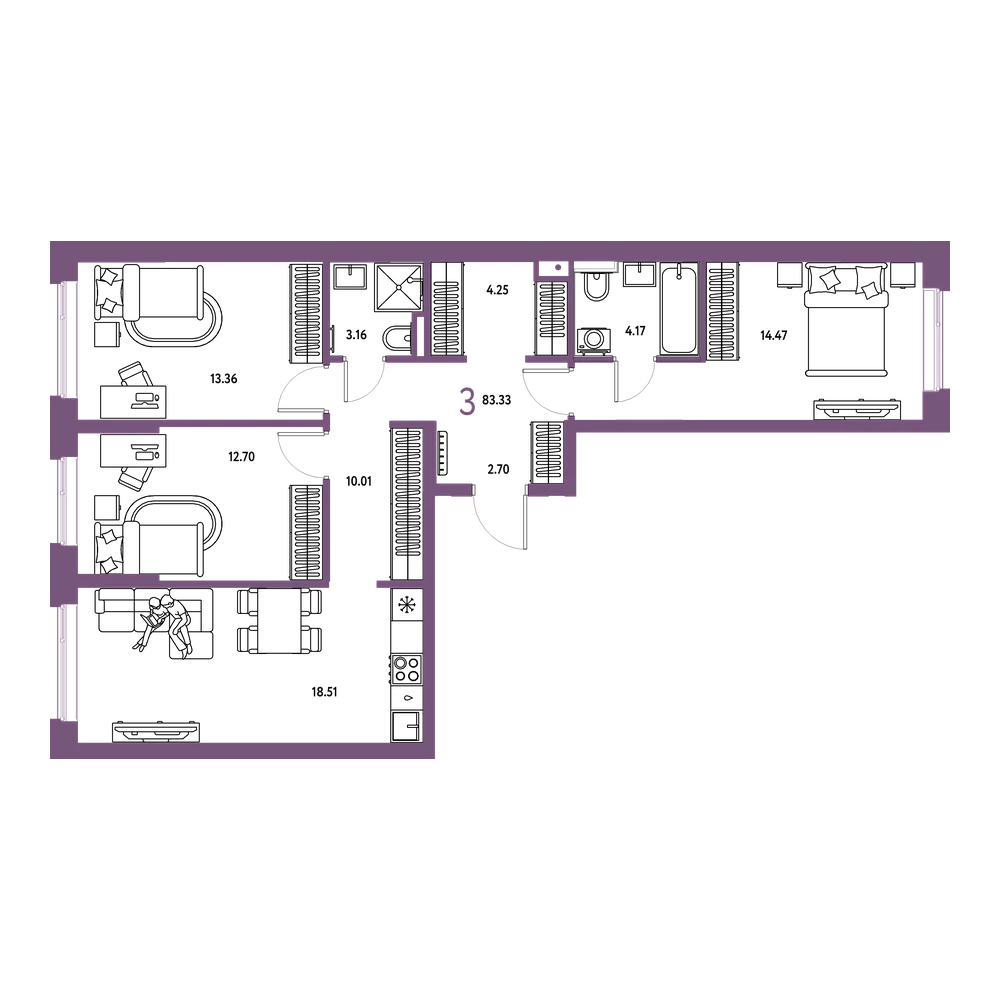 Планировка: 3-комнатная 83,32 м²