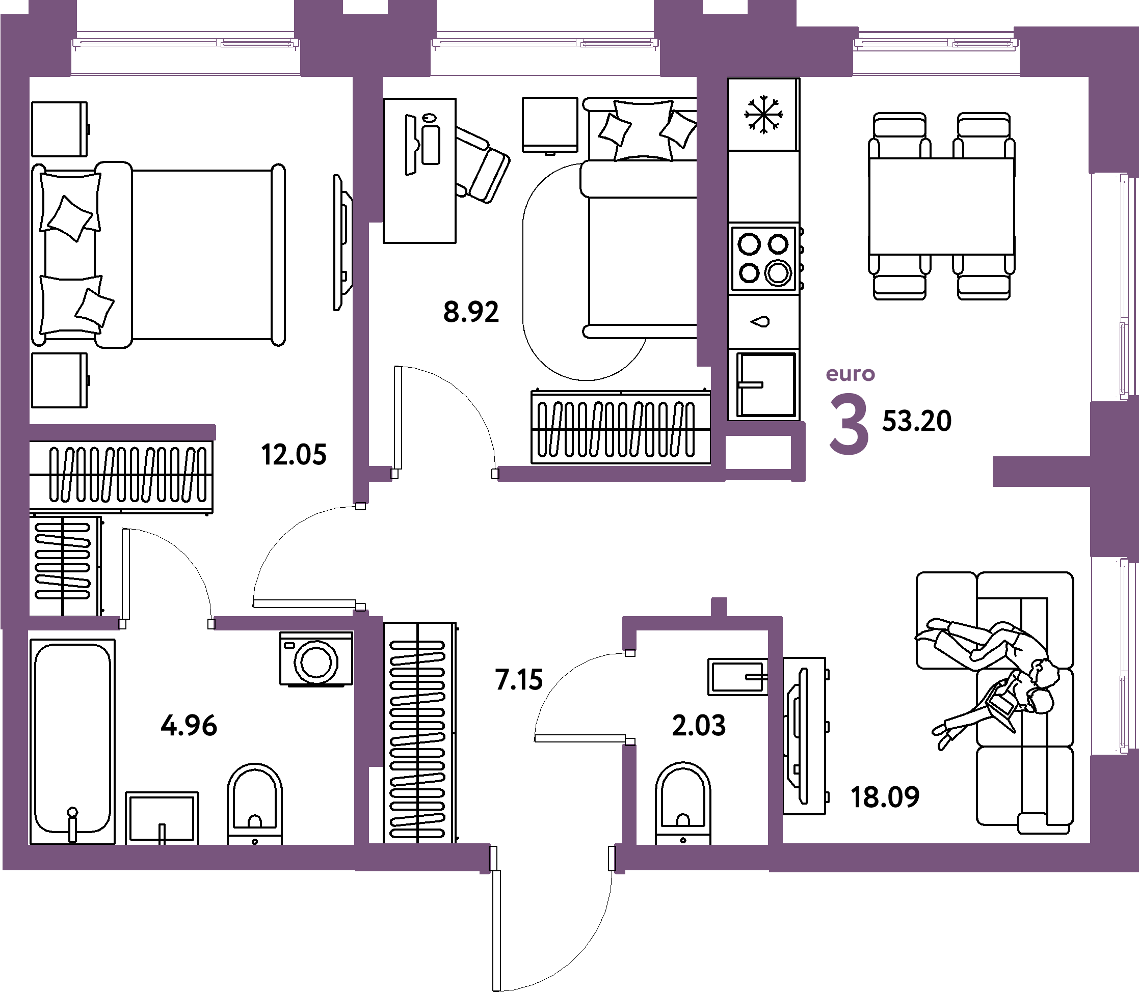 Планировка: Евротрёшка 53,2 м² в ЖК «Европейский берег 2.0»