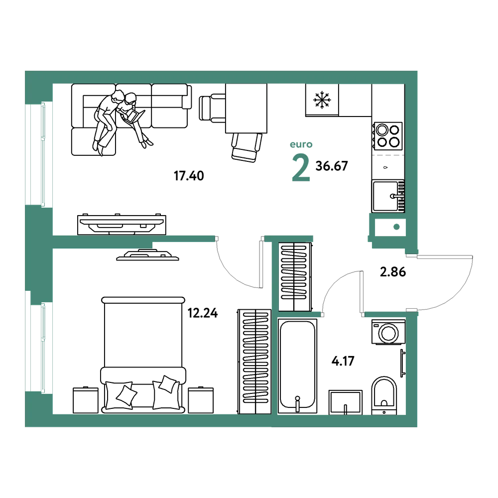 Планировка: Евродвушка 36,67 м²