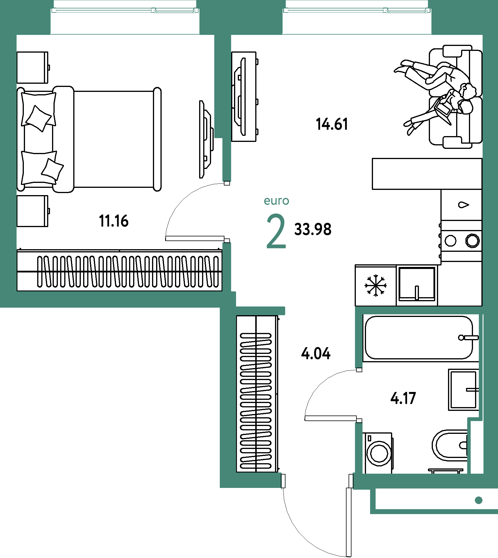 Планировка: Евродвушка 33,98 м² в ЖК «Авторский»