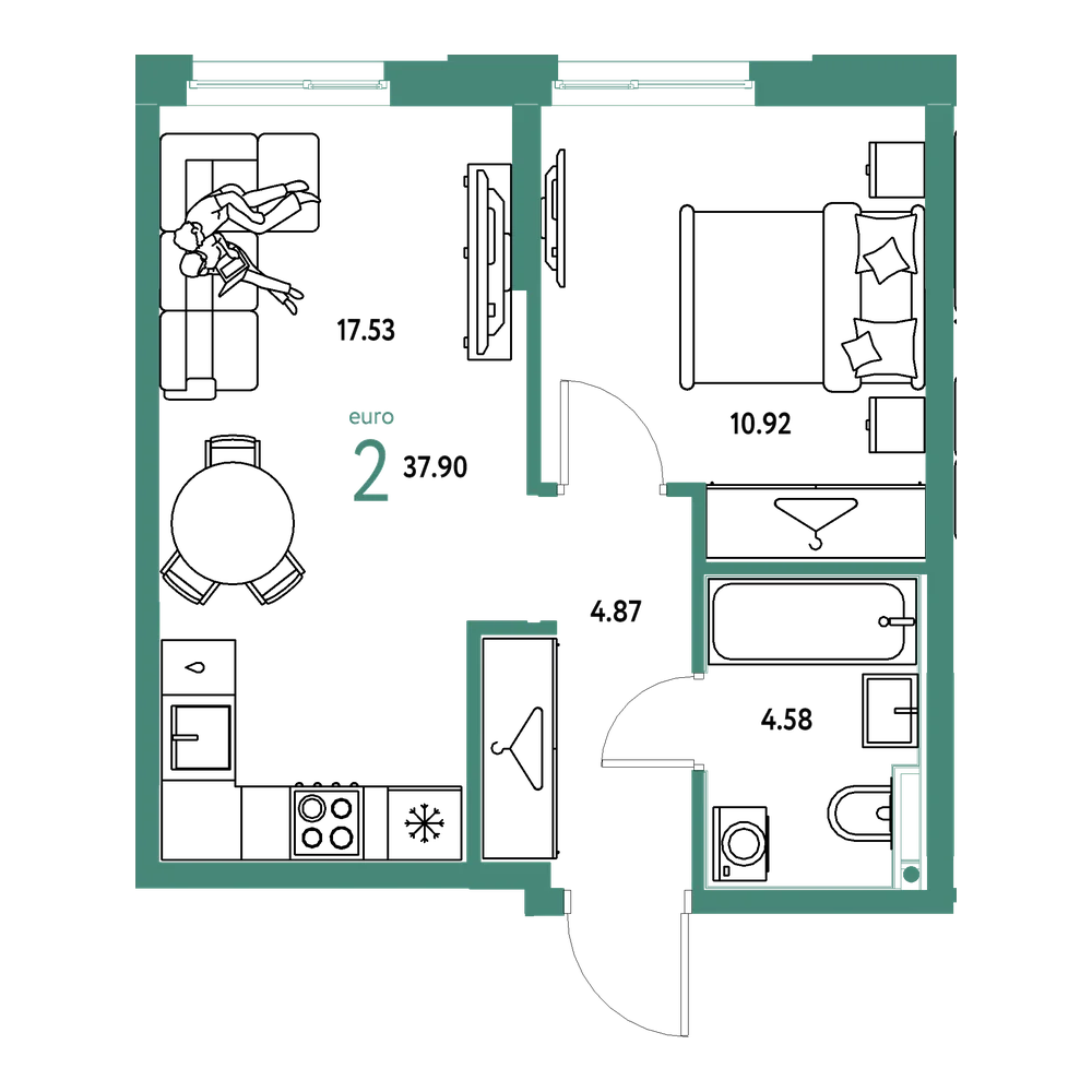 Планировка: Евродвушка 37,9 м²