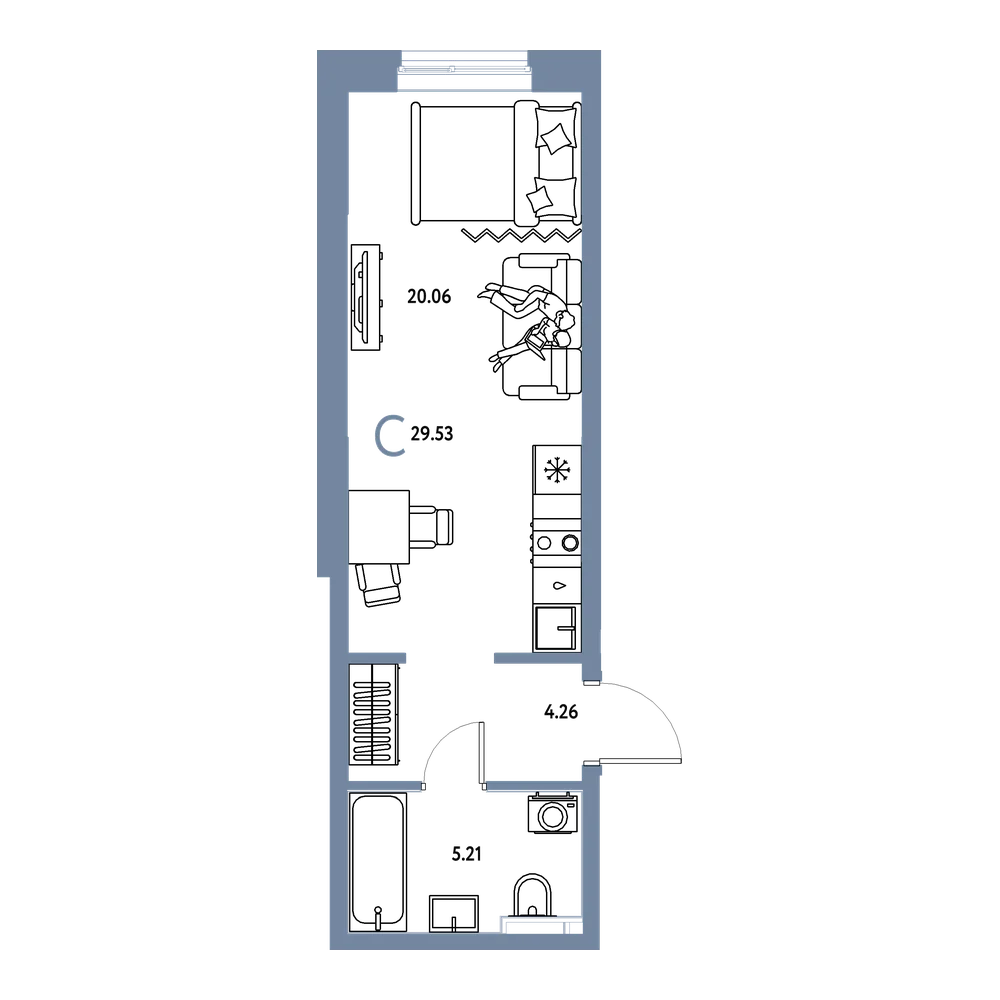 Планировка: Студия 29,53 м²