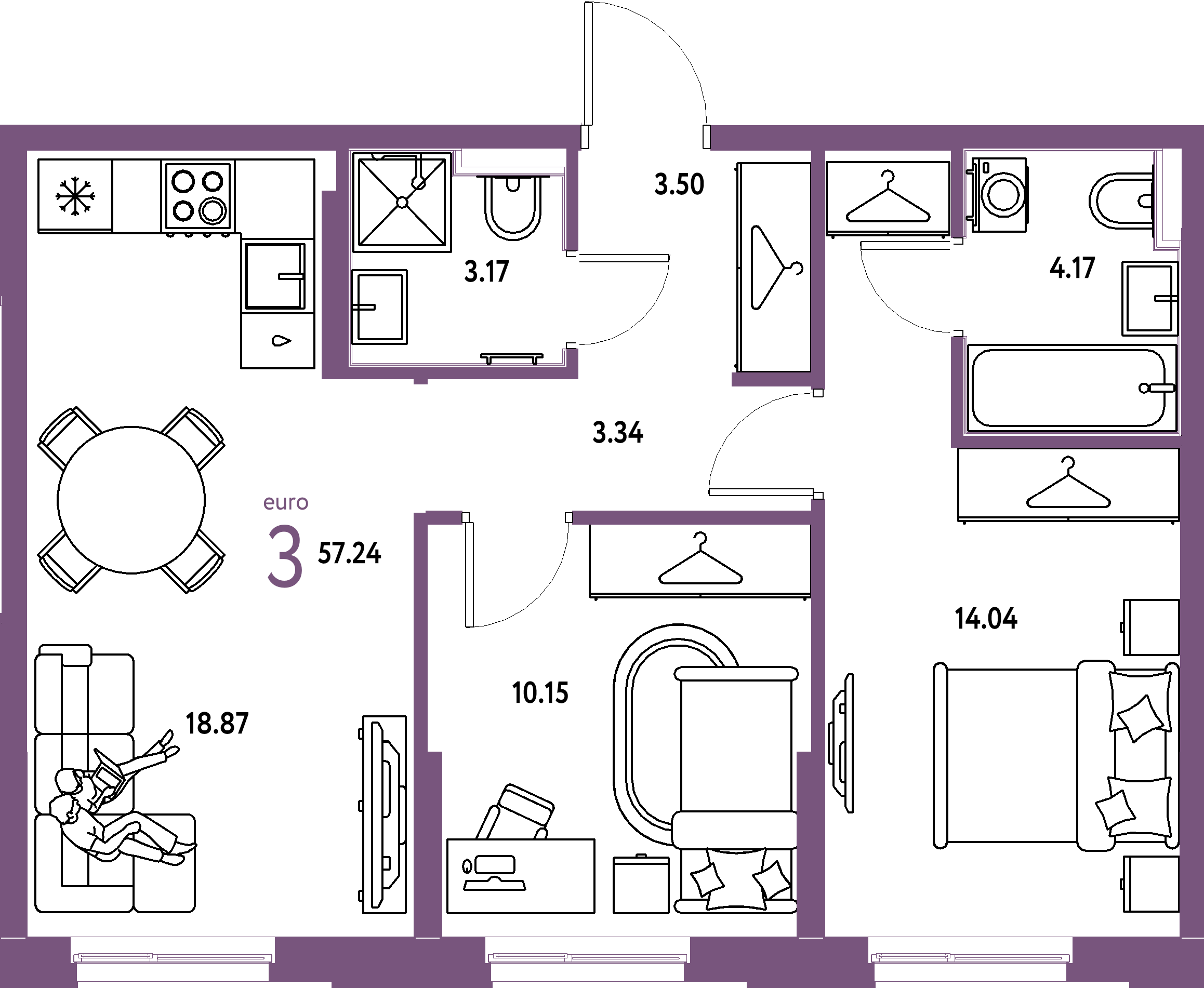 Планировка: Евротрёшка 57,24 м² в ЖК «Европейский берег 2.0»