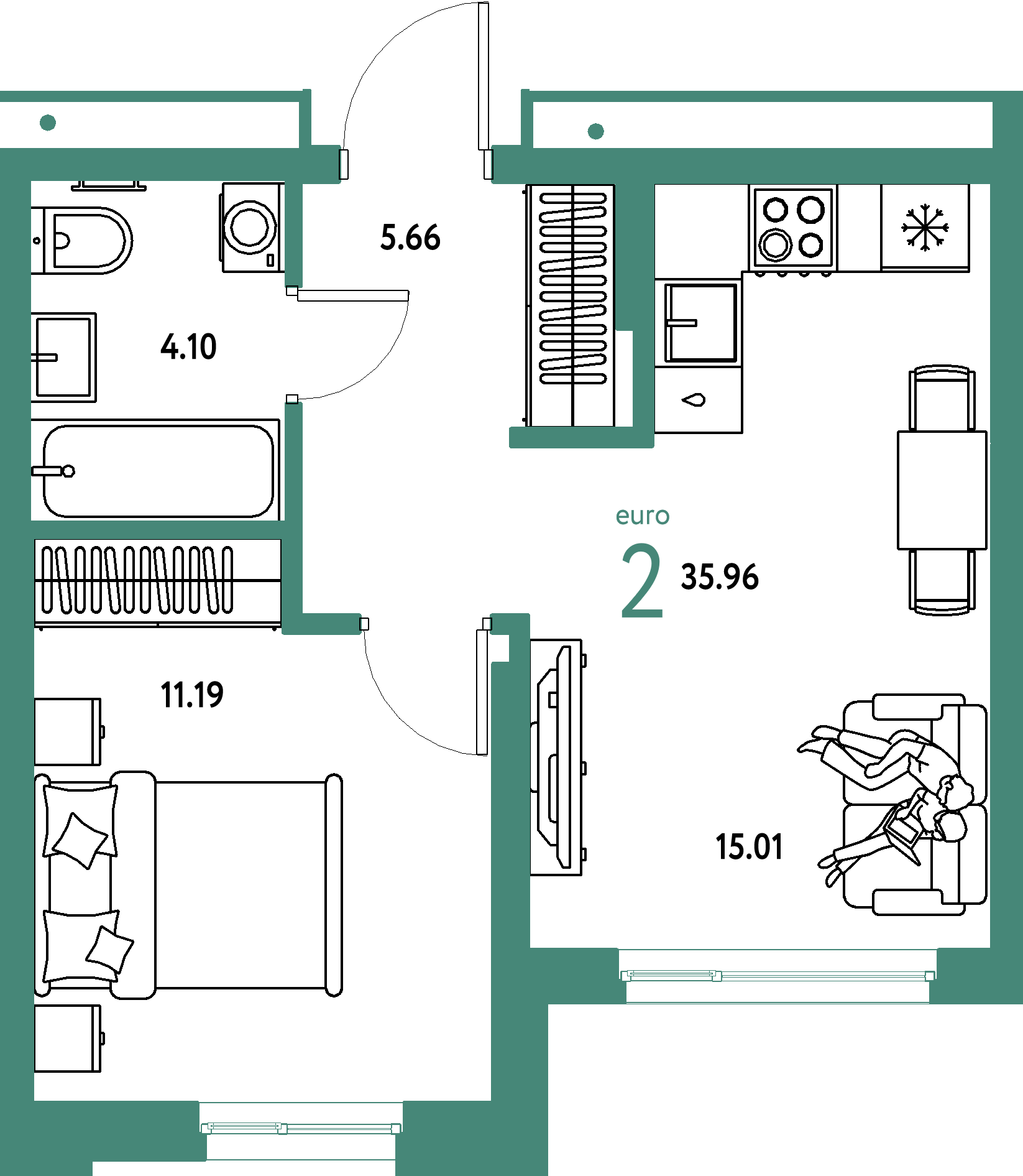 Планировка: Евродвушка 35,96 м² в ЖК «Домашний»