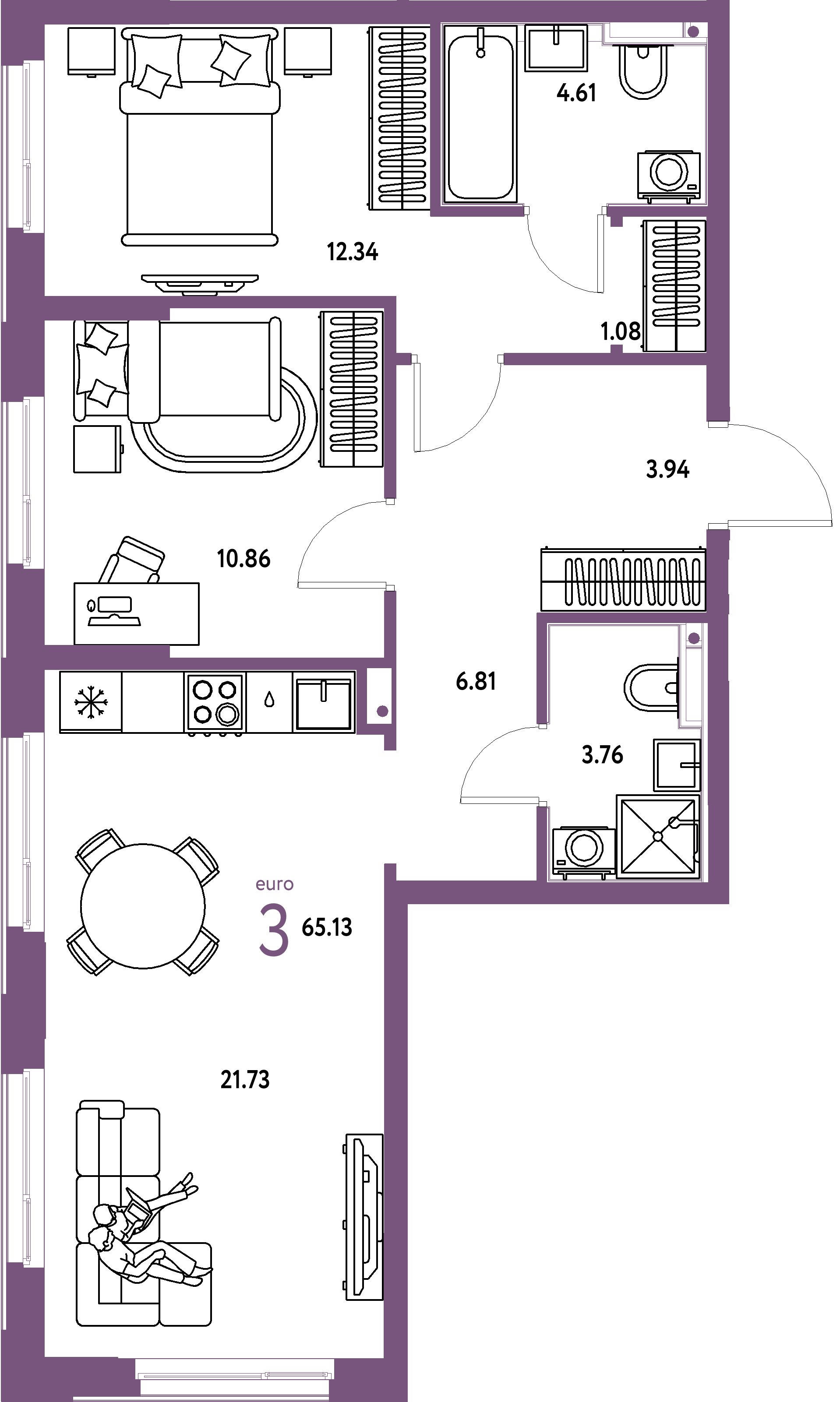 Планировка: Евротрёшка 65,13 м² в ЖК «Домашний»