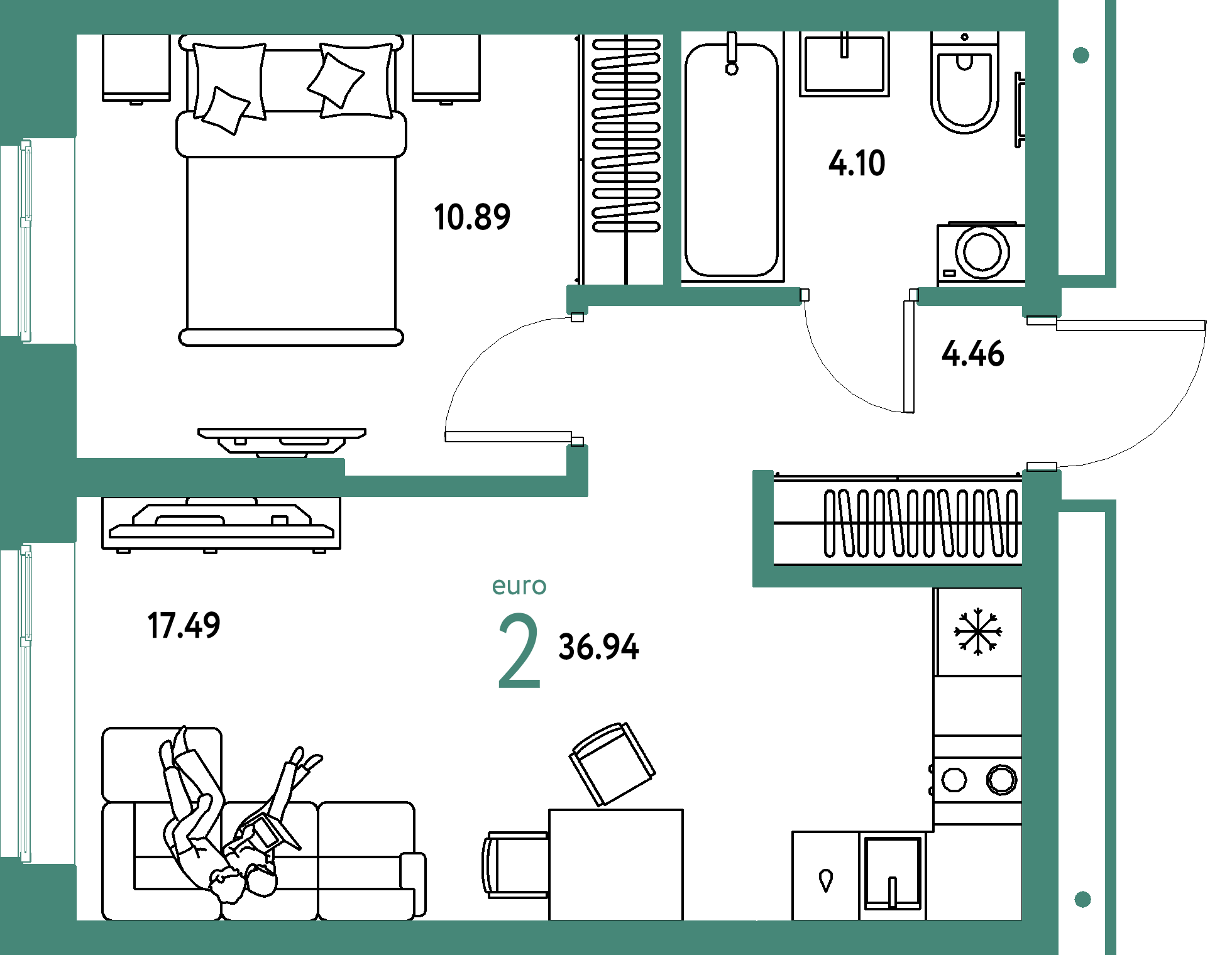 Планировка: Евродвушка 36,94 м² в ЖК «Домашний»