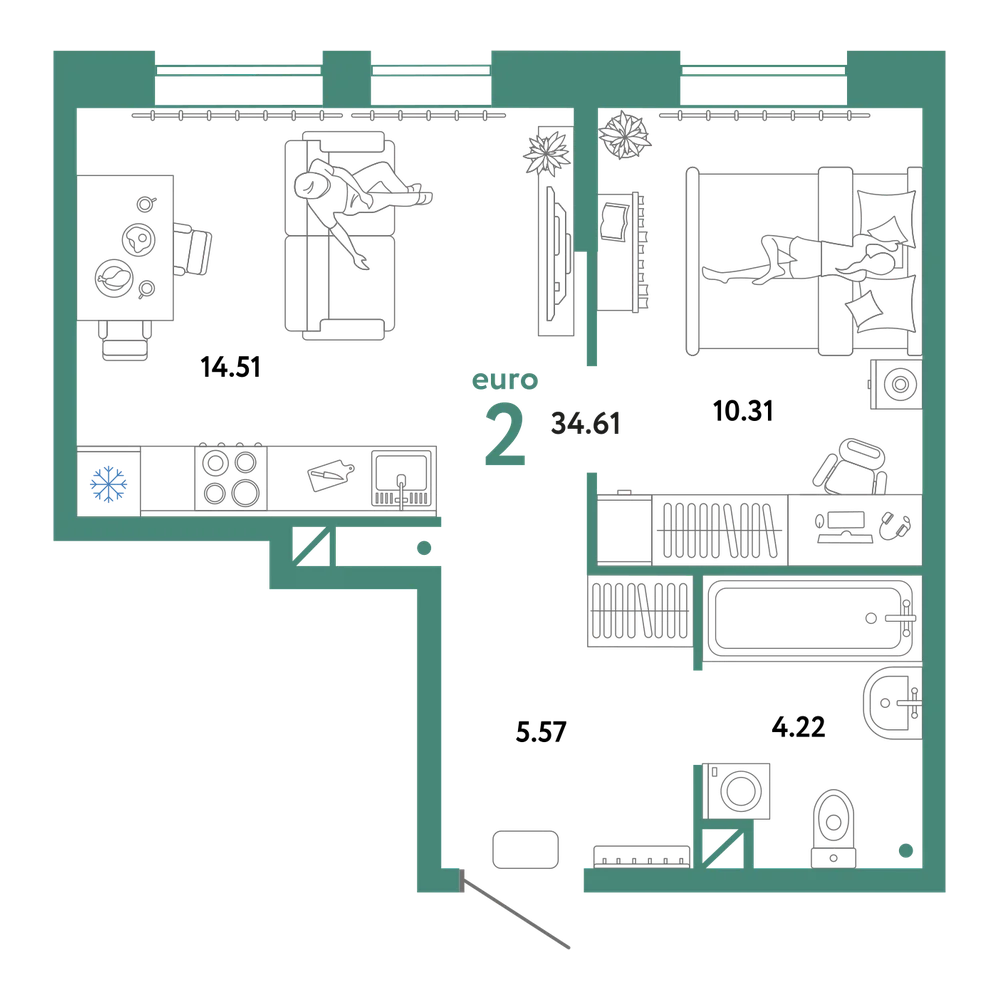 Планировка: Евродвушка 34,61 м²