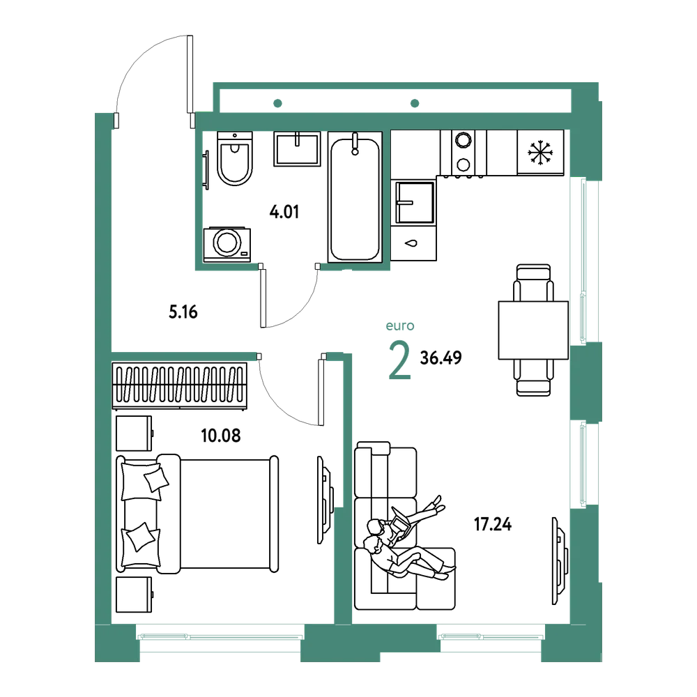 Планировка: Евродвушка 36,49 м²