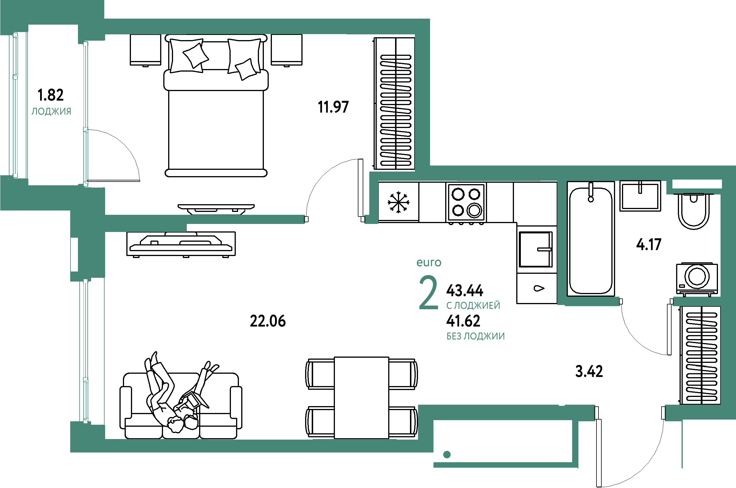 Планировка: Евродвушка 43,44 м² в ЖК «Страна.Прибрежная»