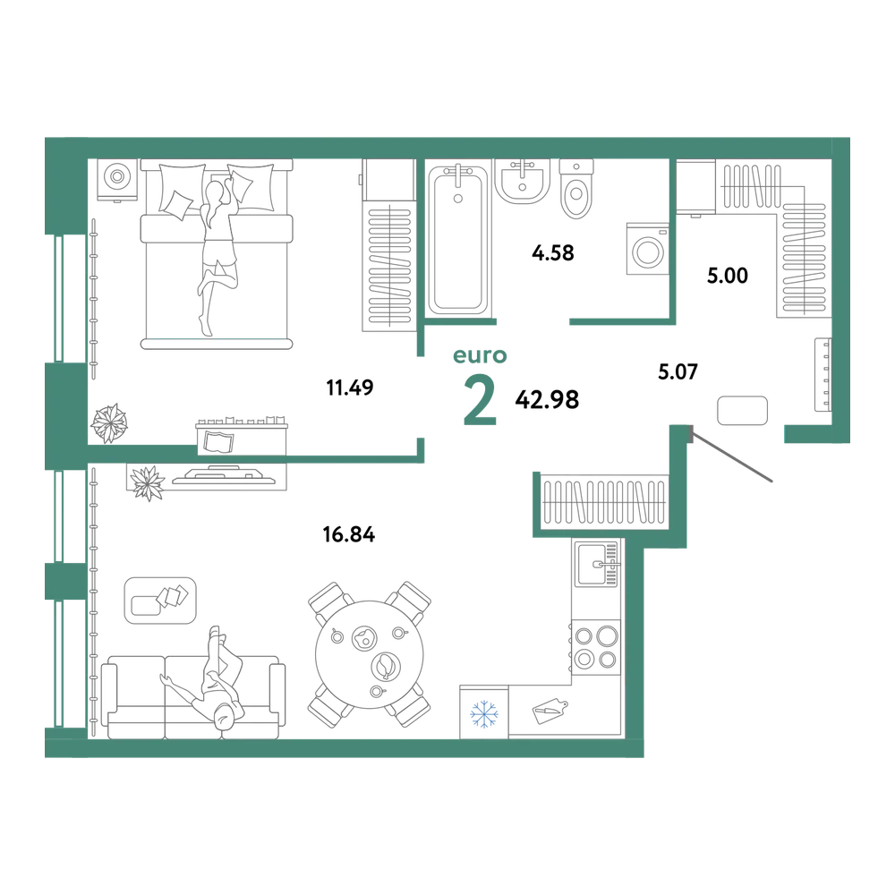 Планировка: Евродвушка 42,98 м²
