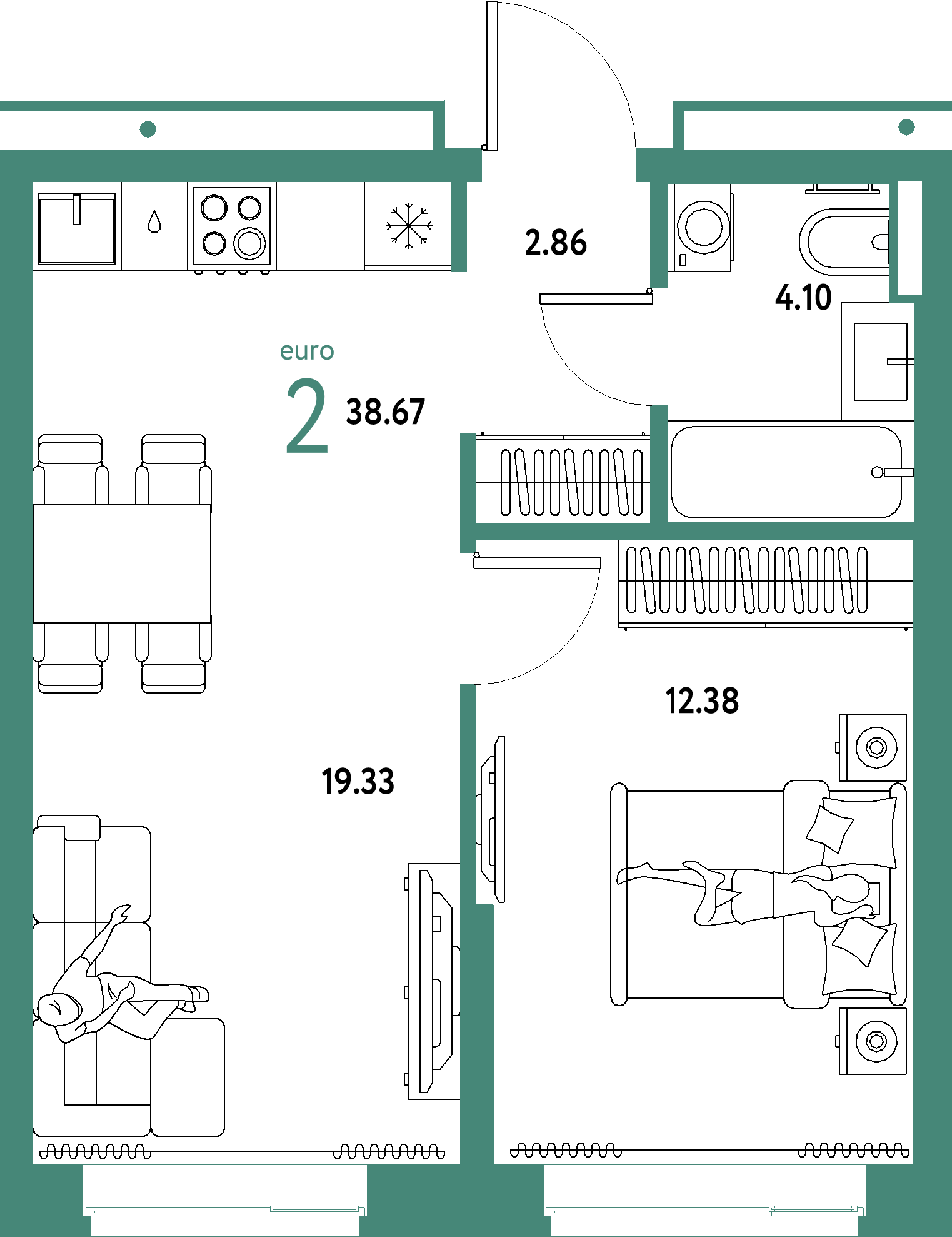 Планировка: Евродвушка 38,67 м² в ЖК «Домашний»