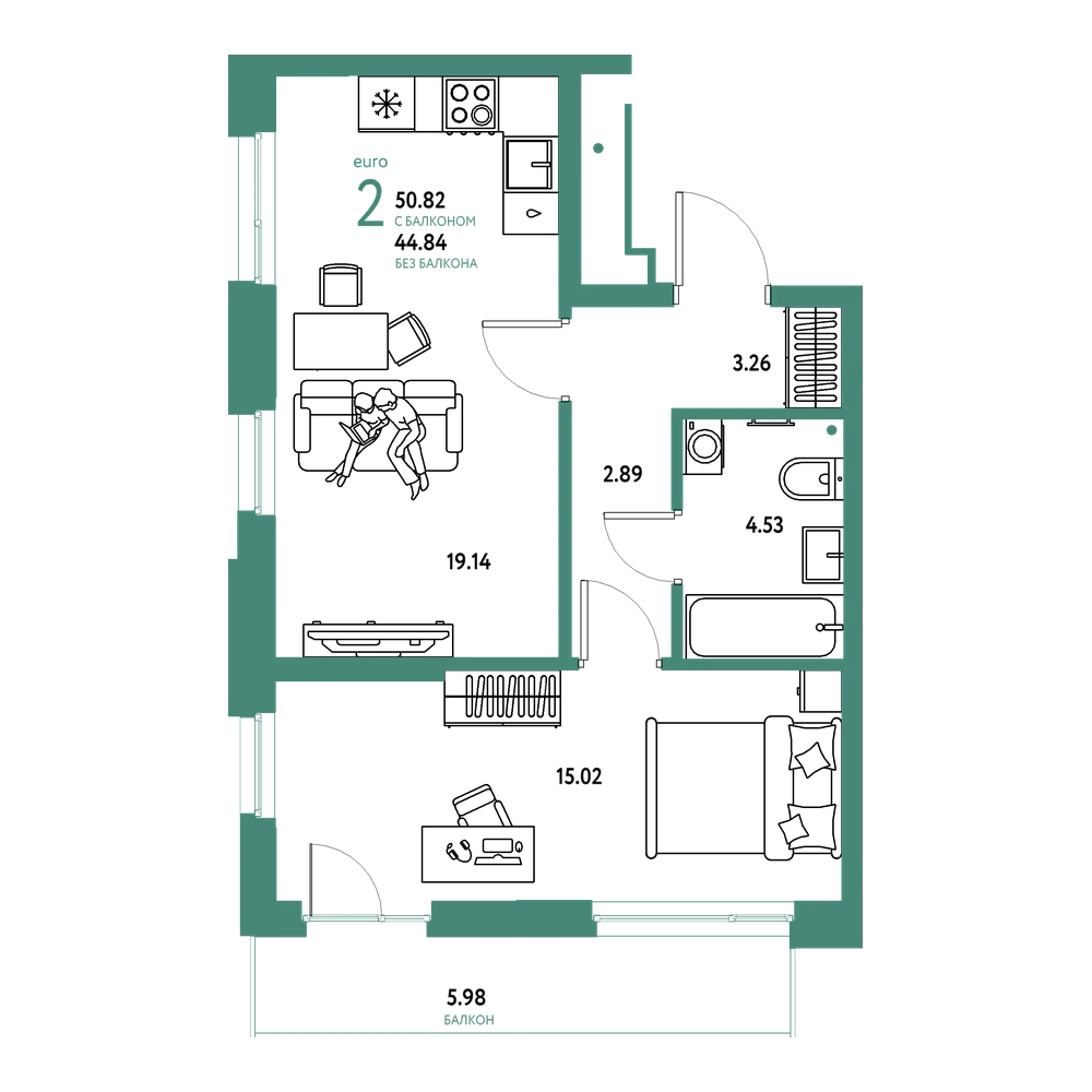 Планировка: Евродвушка 50,82 м²
