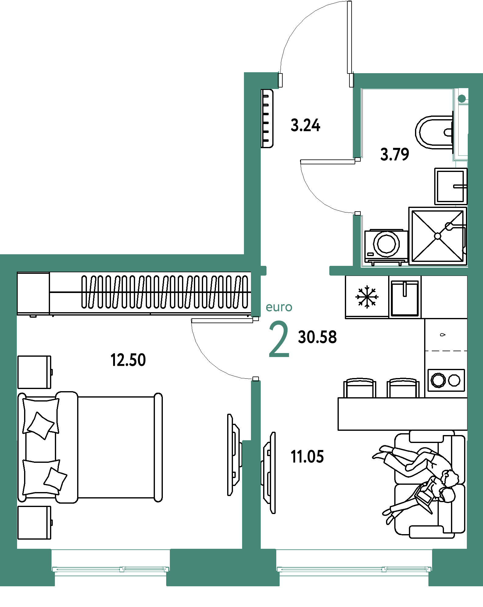 Планировка: Евродвушка 30,58 м² в ЖК «Остров-сад»