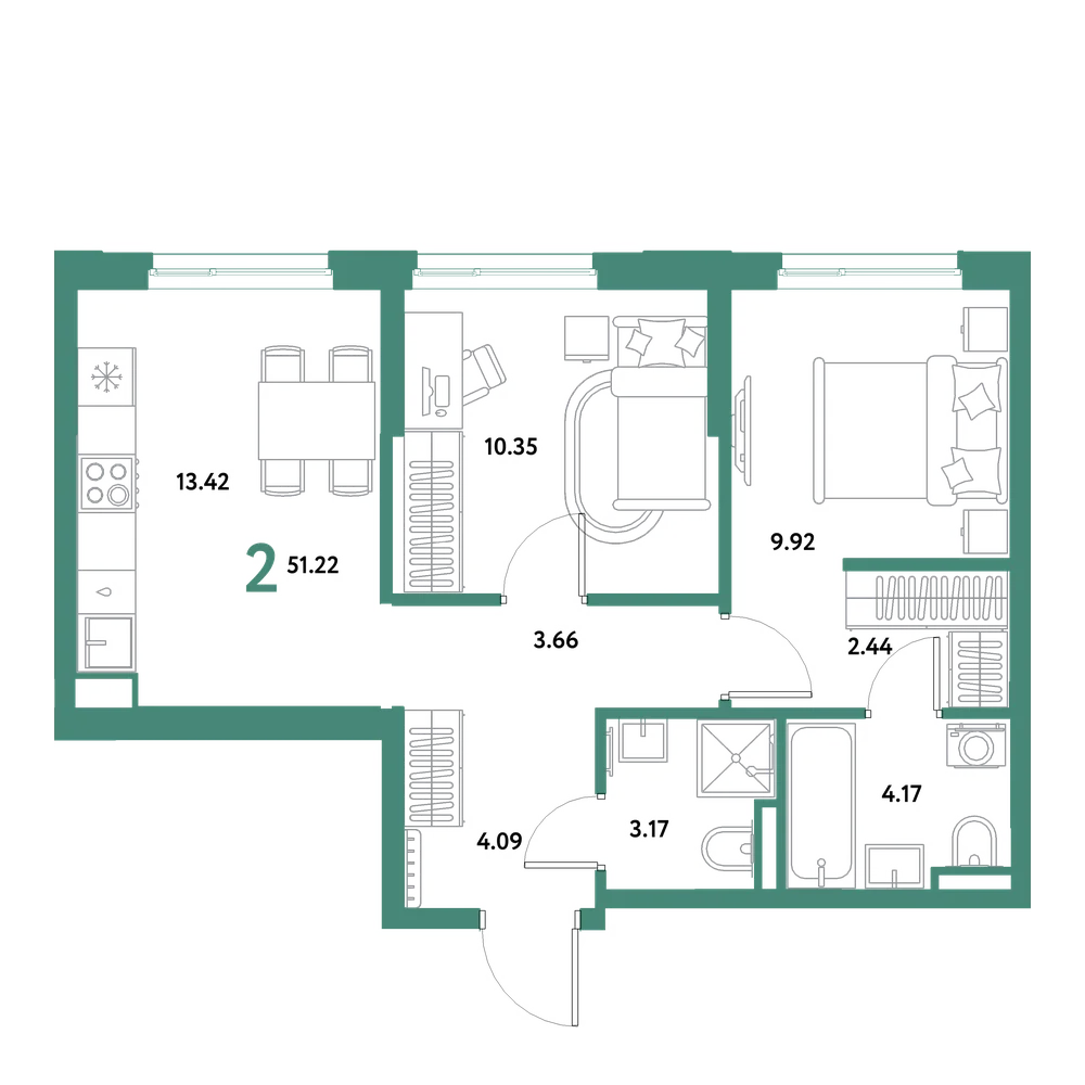 Планировка: 2-комнатная 51,22 м²