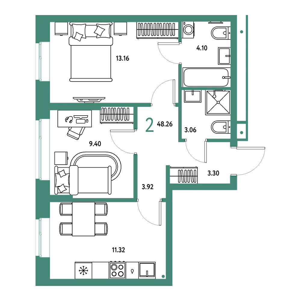 Планировка: 2-комнатная 48,26 м²
