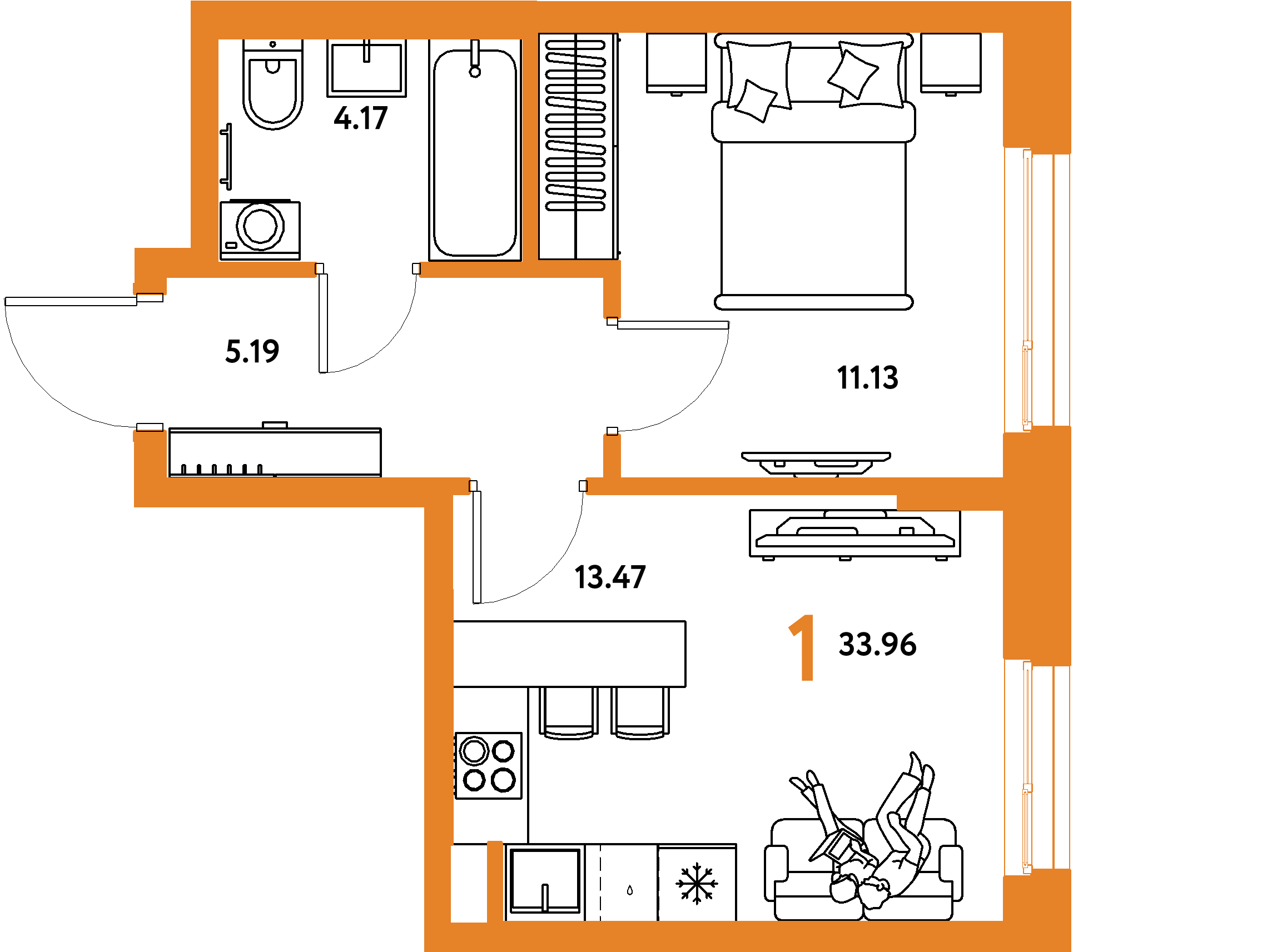 Планировка: 1-комнатная 33,96 м² в ЖК «Европейский берег 2.0»