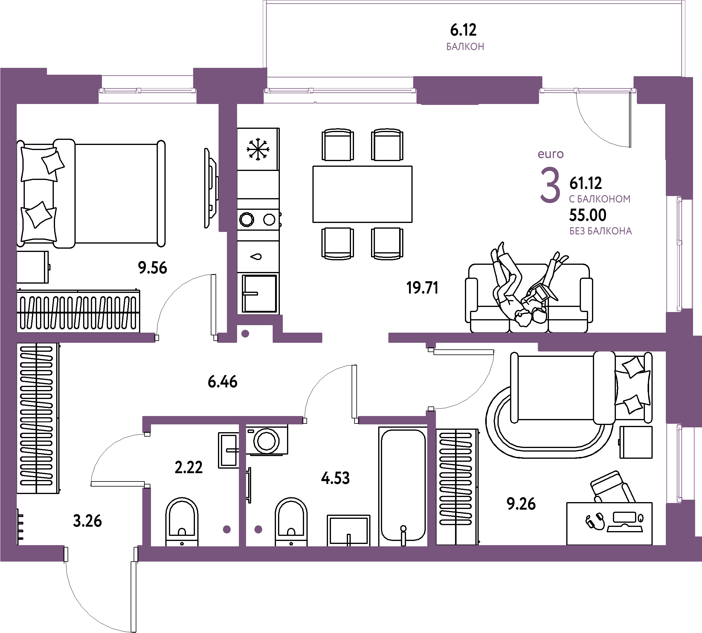 Планировка: Евротрёшка 61,12 м² в ЖК «Домашний»