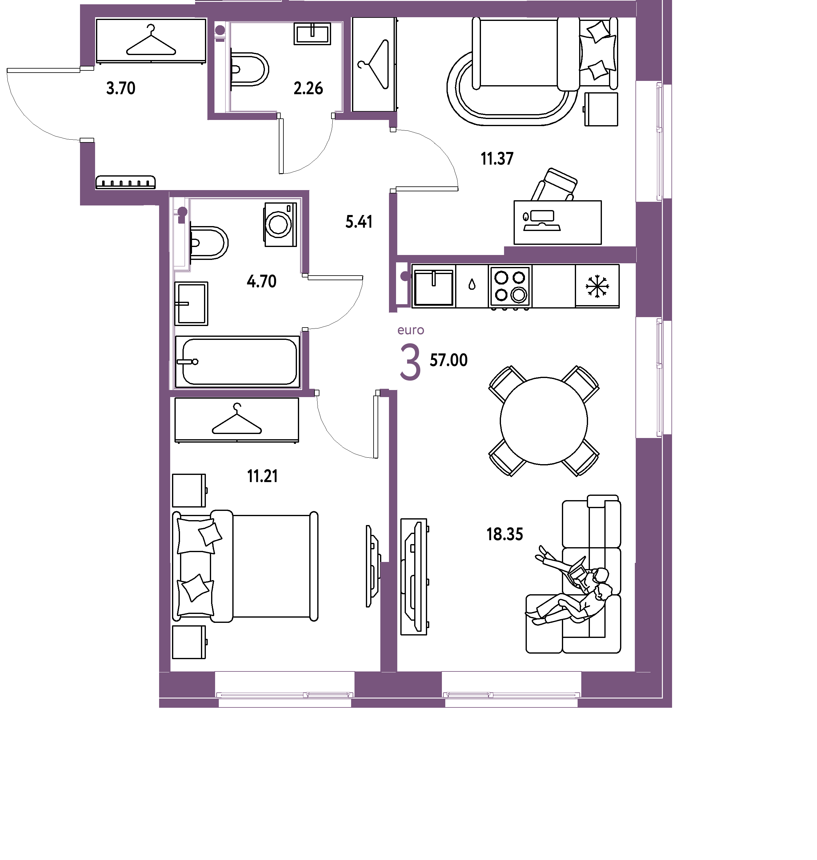 Планировка: Евротрёшка 57 м² в ЖК «Европейский берег 2.0»