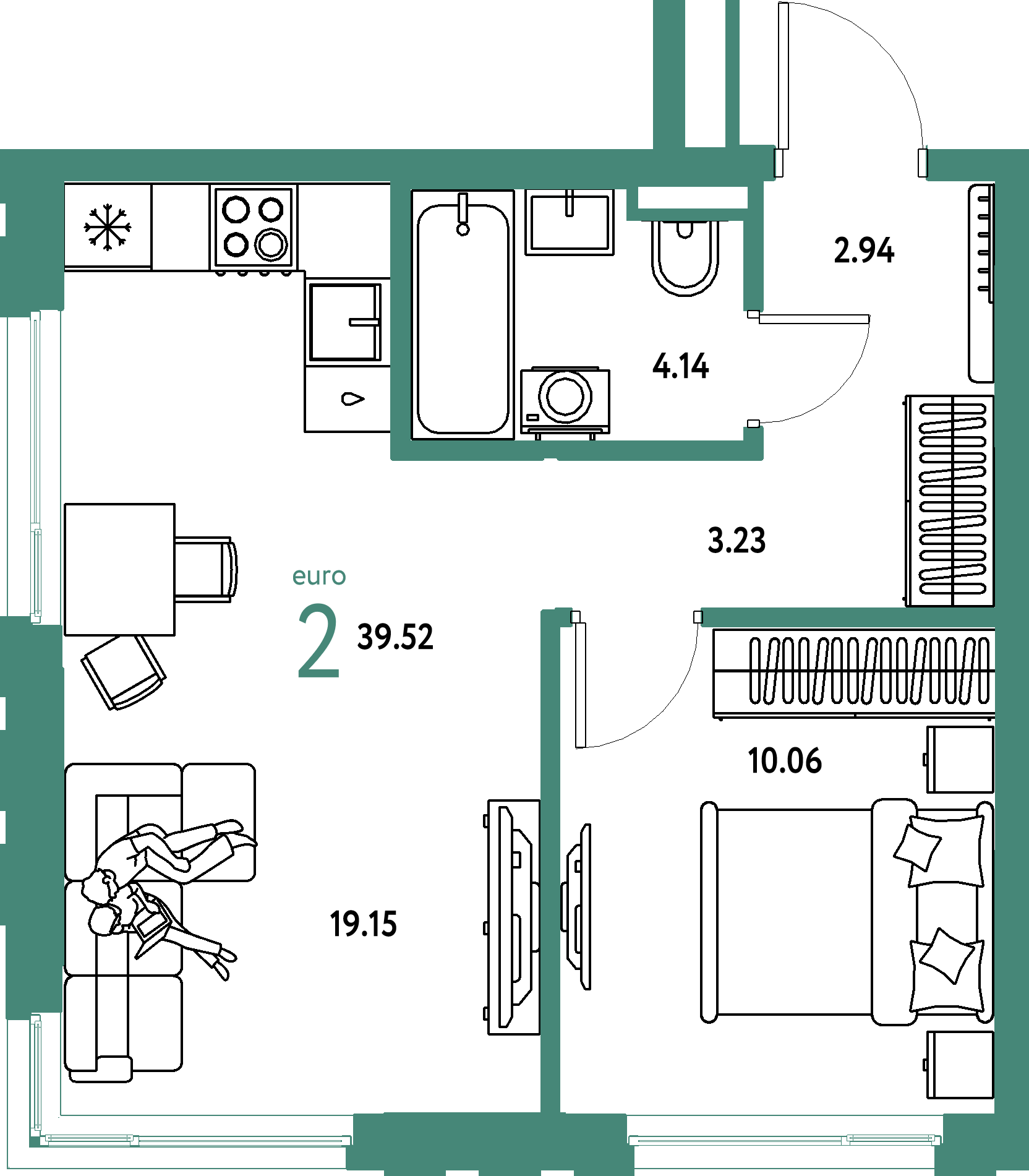 Планировка: Евродвушка 39,52 м² в ЖК «Страна.Прибрежная»