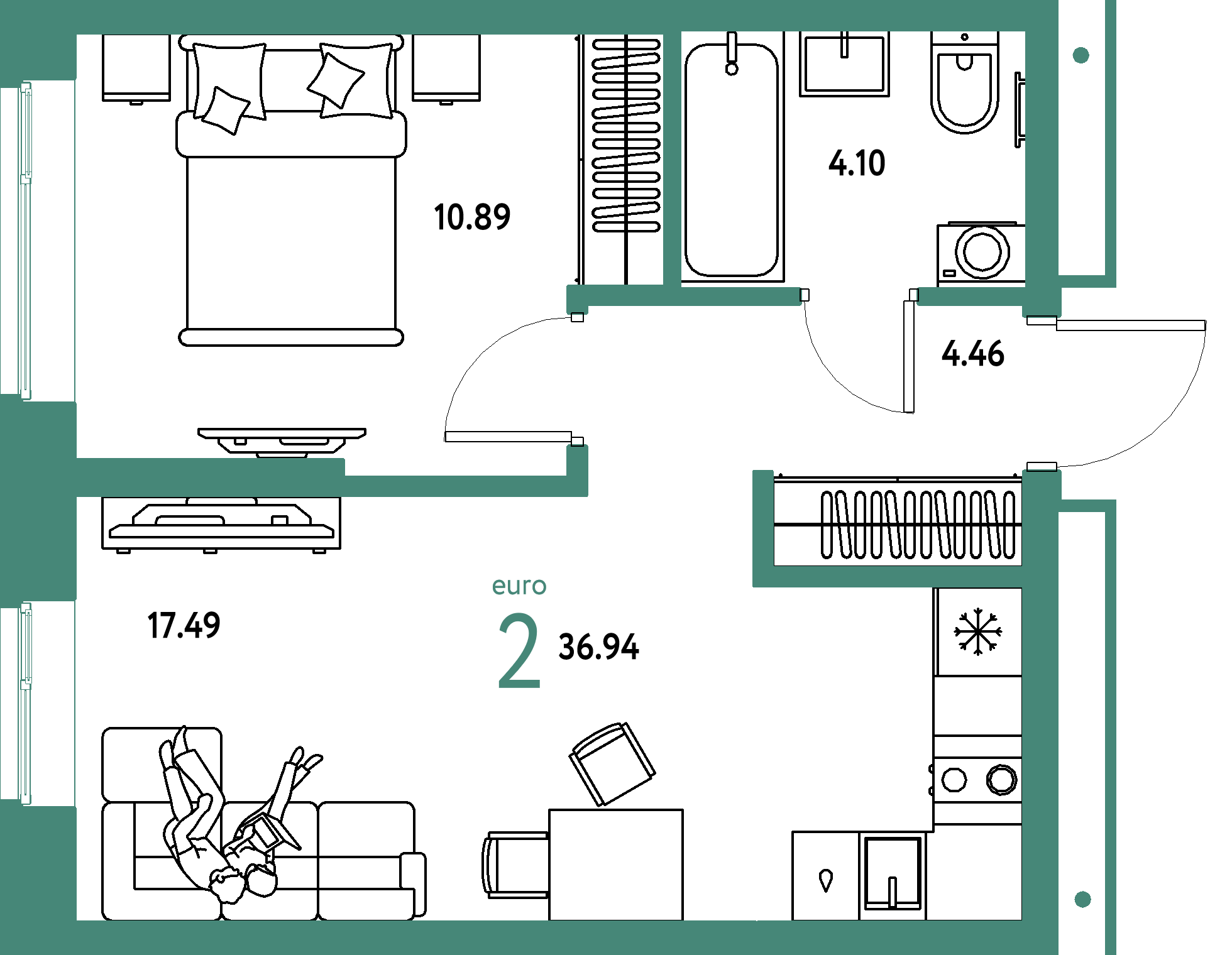 Планировка: Евродвушка 36,94 м² в ЖК «Домашний»
