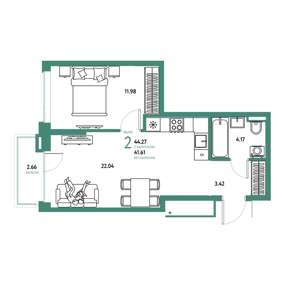 Планировка: Евродвушка 44,27 м²