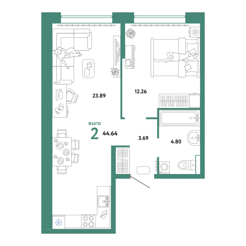 Планировка: Евродвушка 44,64 м²