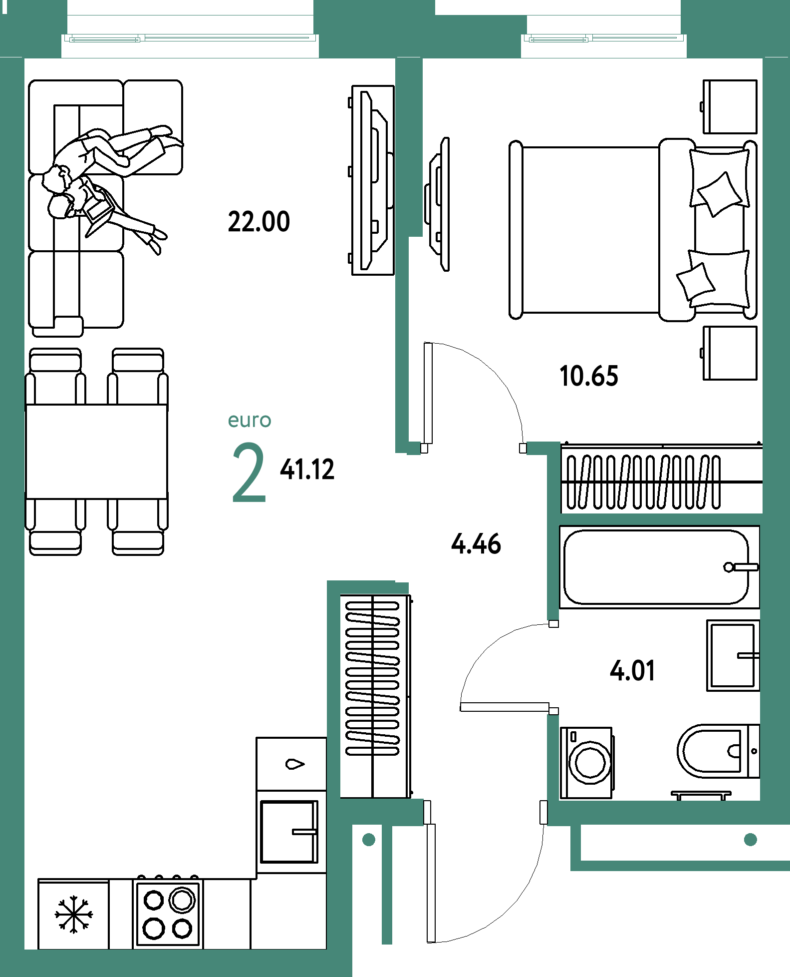 Планировка: Евродвушка 41,12 м² в ЖК «Домашний»