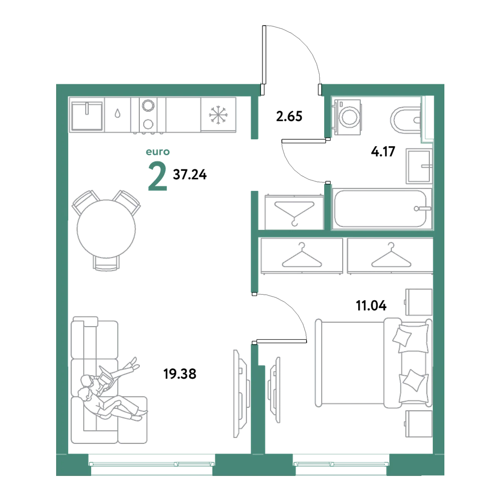 Планировка: Евродвушка 37,24 м²