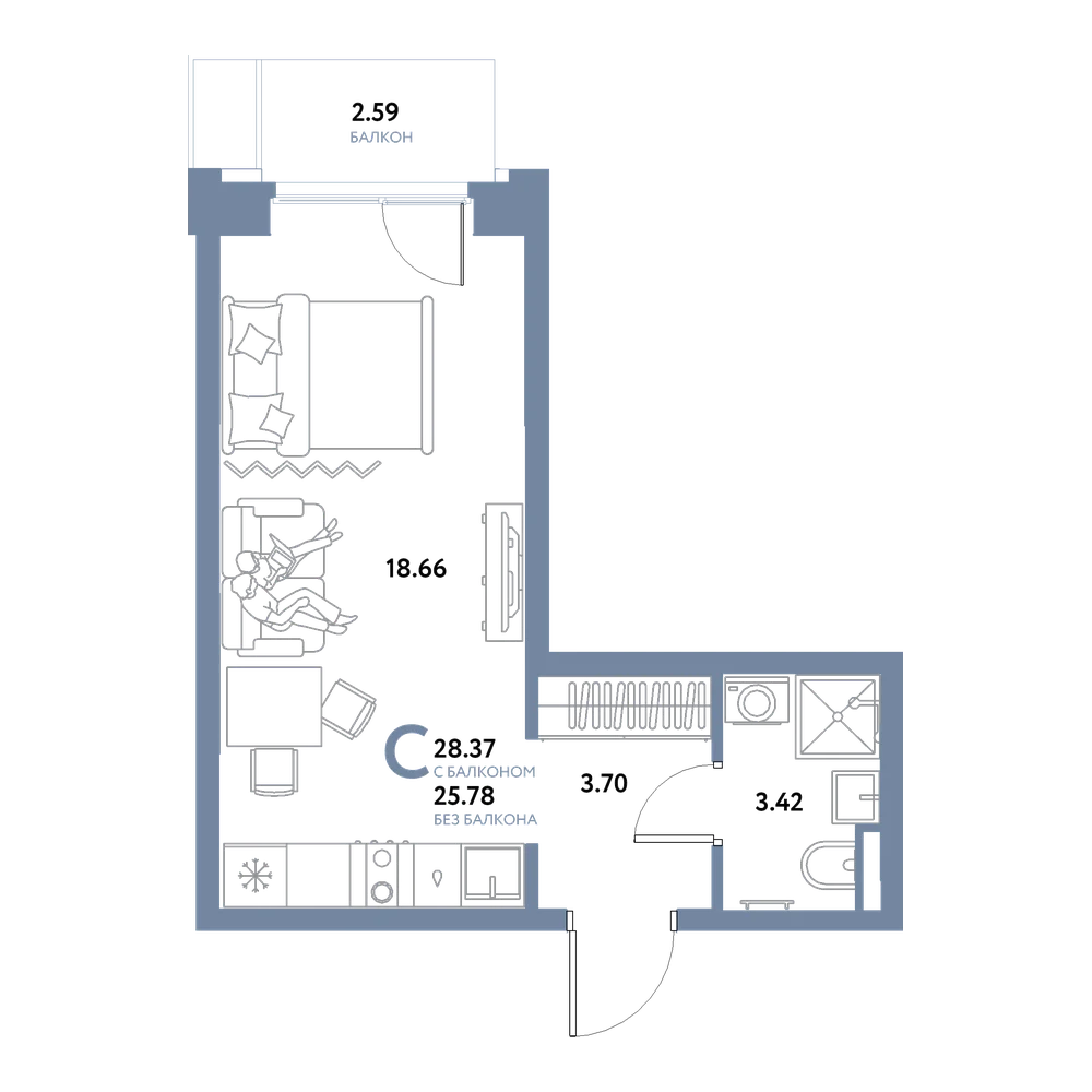 Планировка: Студия 28,37 м²