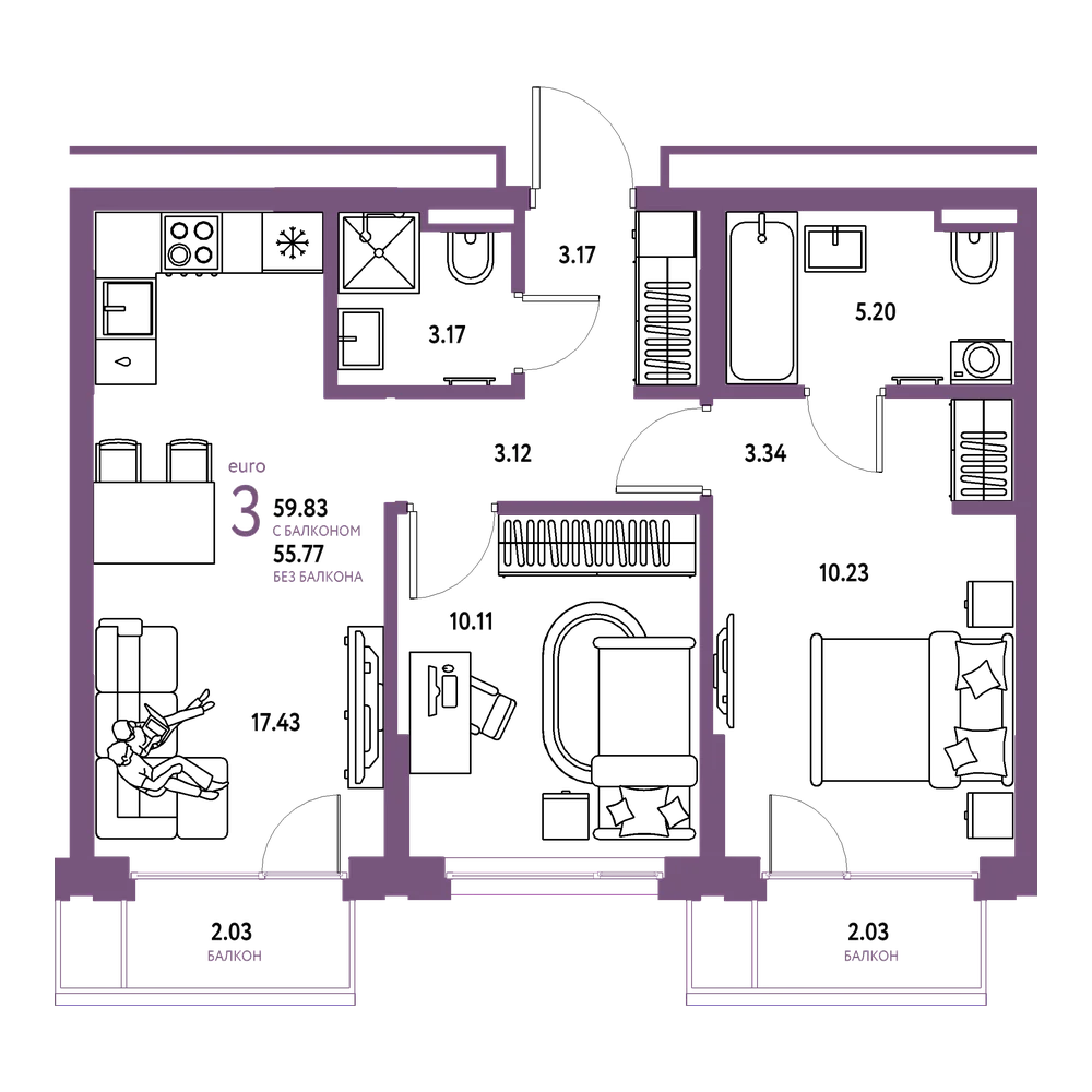 Планировка: Евротрёшка 59,83 м²