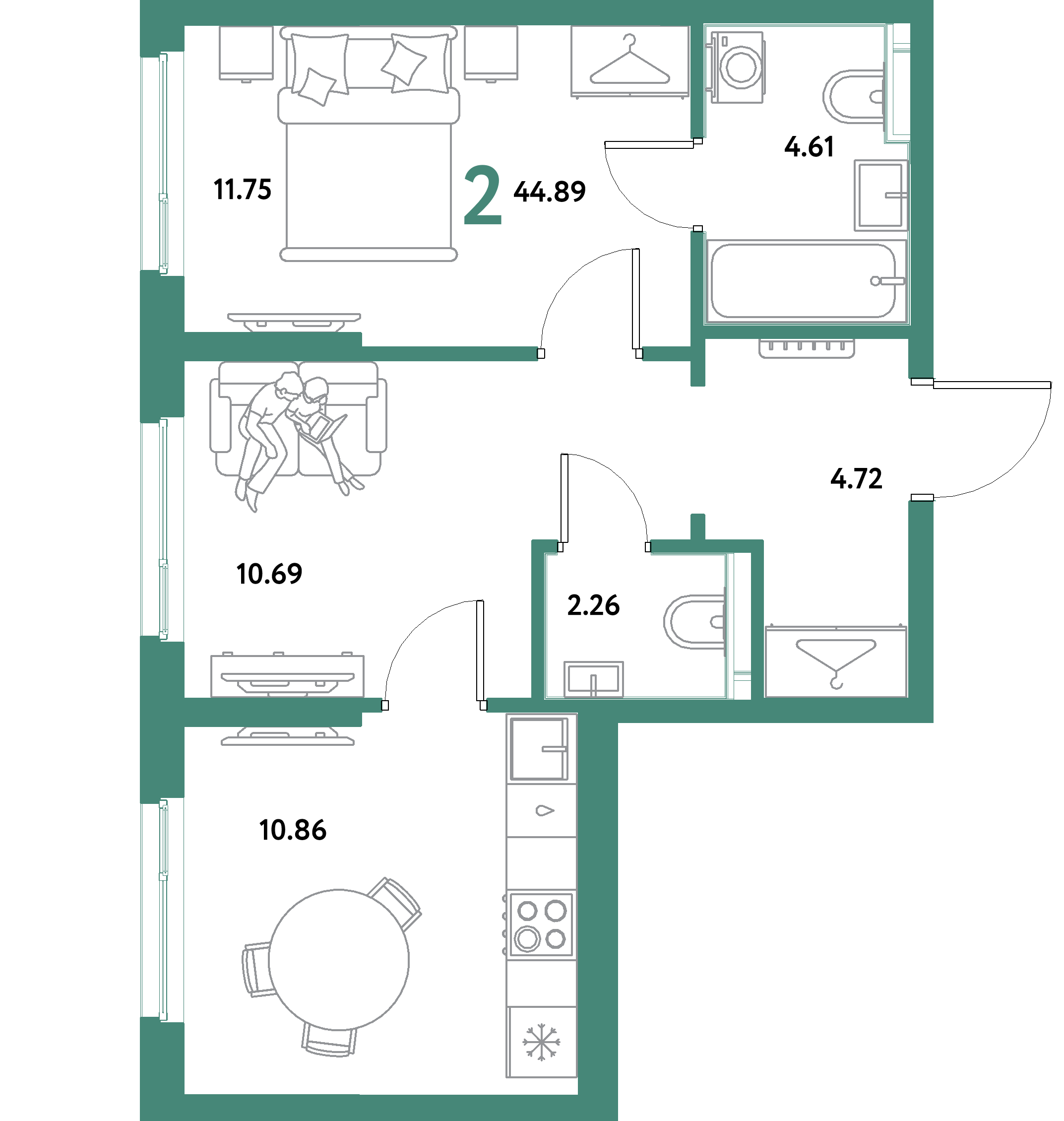 Планировка: 2-комнатная 44,89 м² в ЖК «Остров-сад»