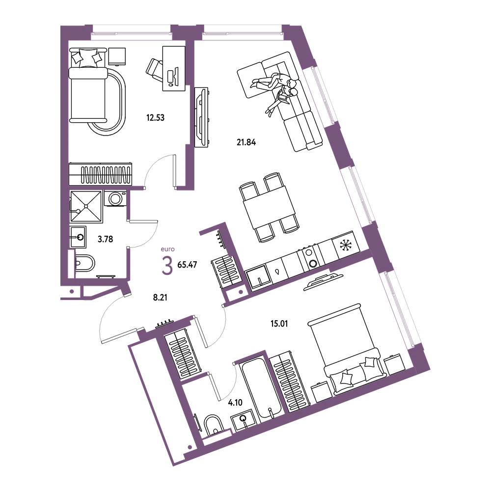 Планировка: Евротрёшка 65,47 м²
