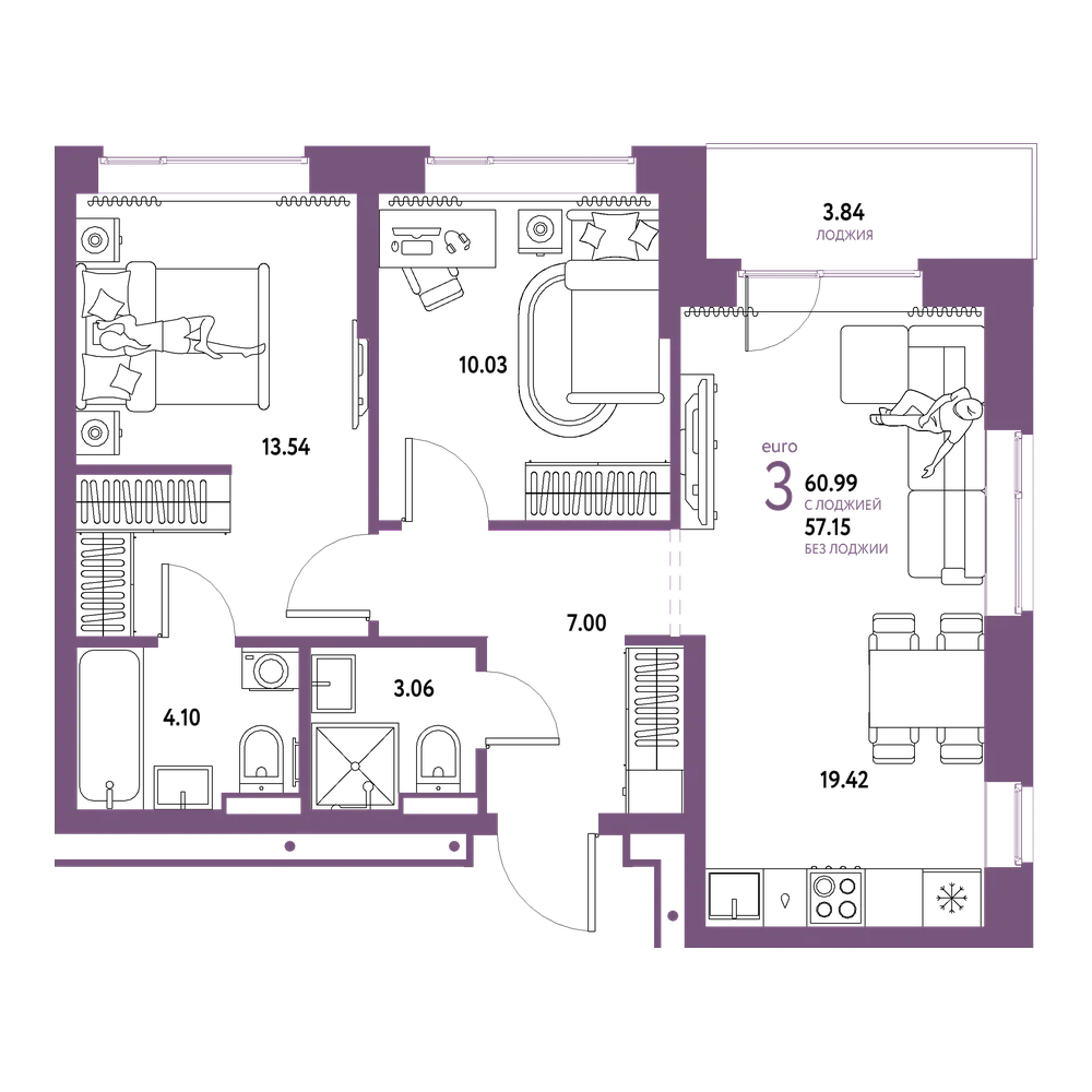 Планировка: Евротрёшка 60,99 м²