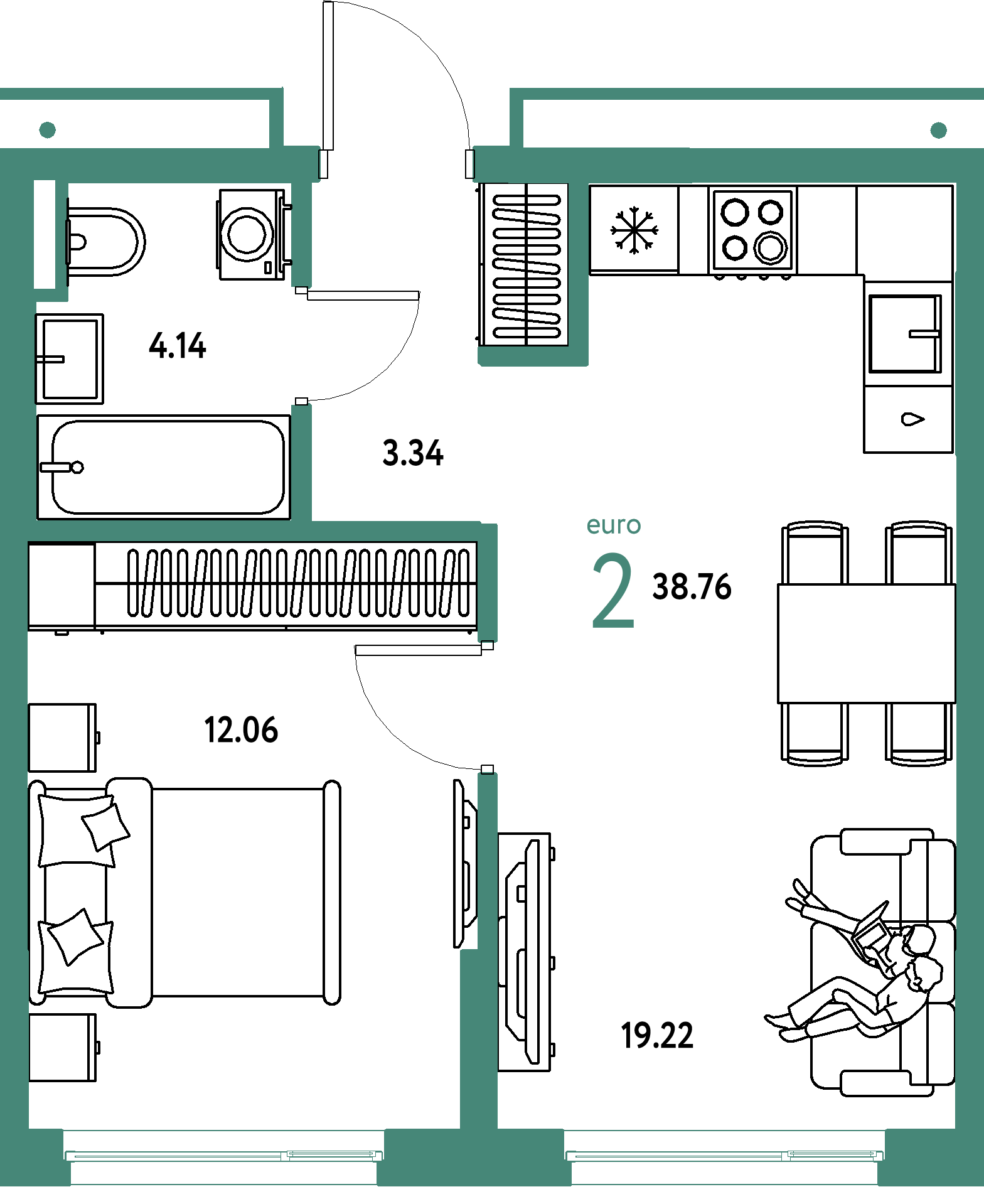 Планировка: Евродвушка 38,76 м² в ЖК «Страна.Прибрежная»