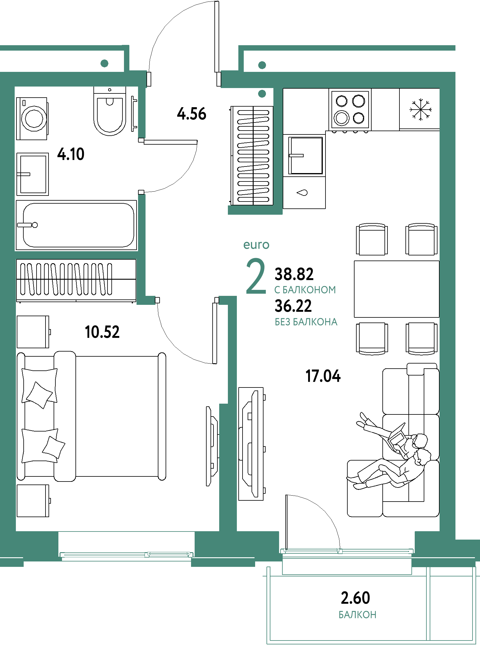 Планировка: Евродвушка 38,82 м² в ЖК «Домашний»