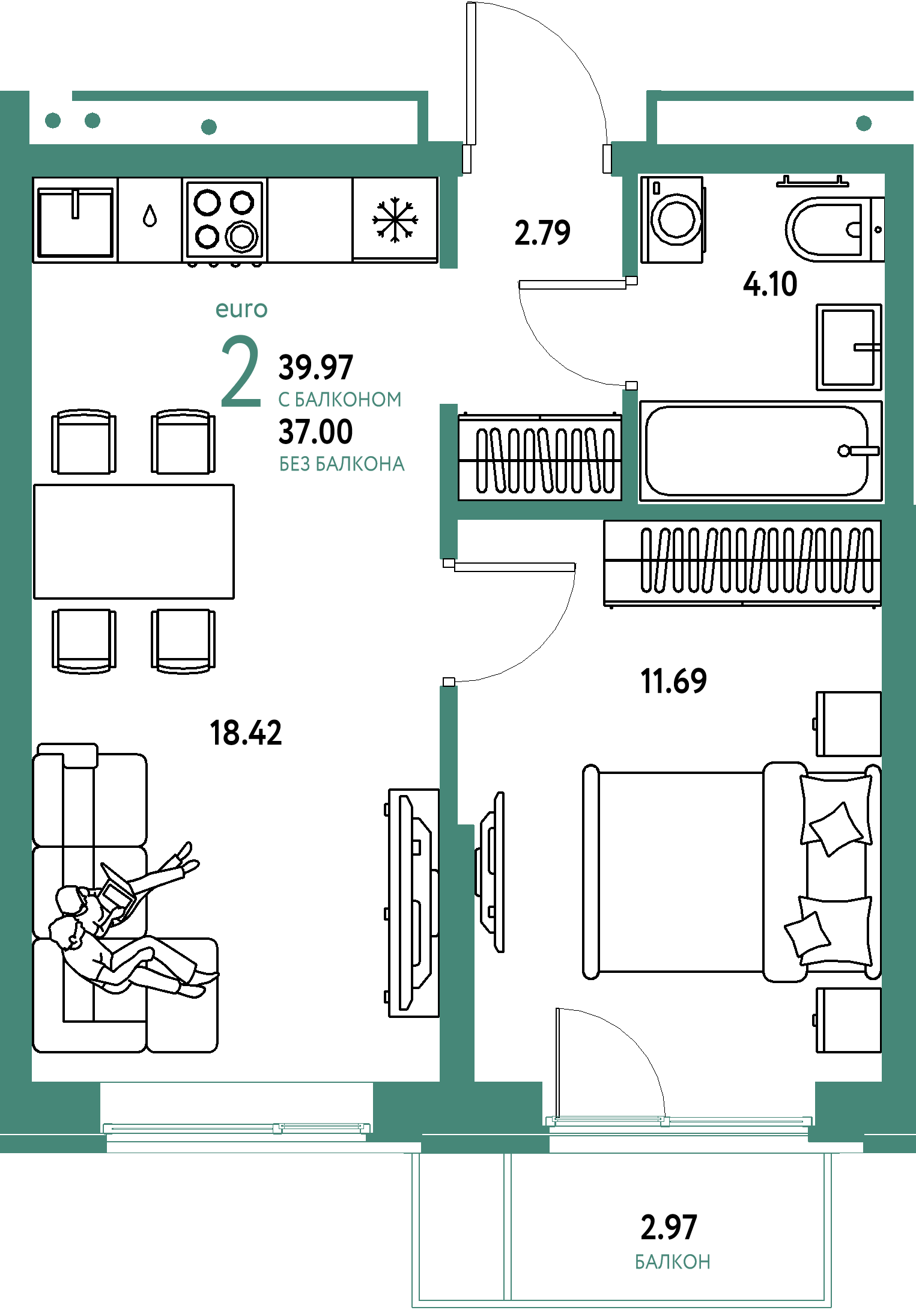 Планировка: Евродвушка 39,97 м² в ЖК «Домашний»