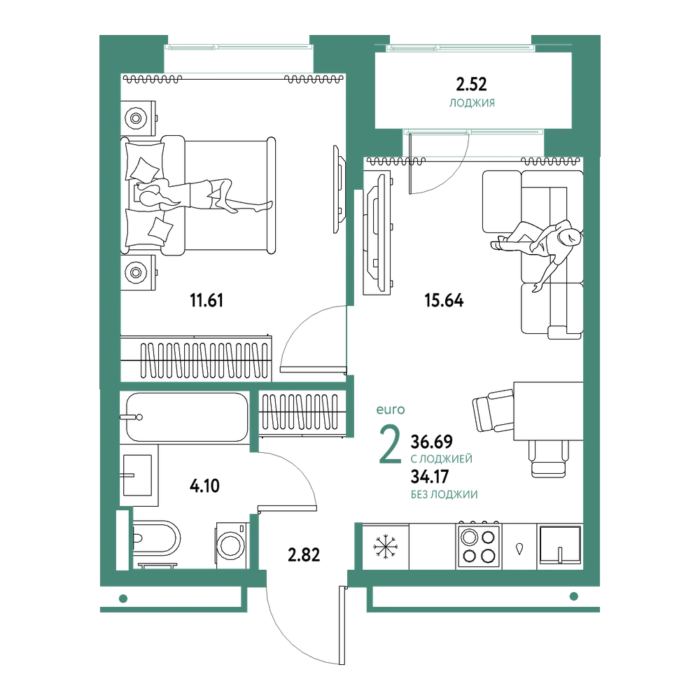 Планировка: Евродвушка 36,69 м²