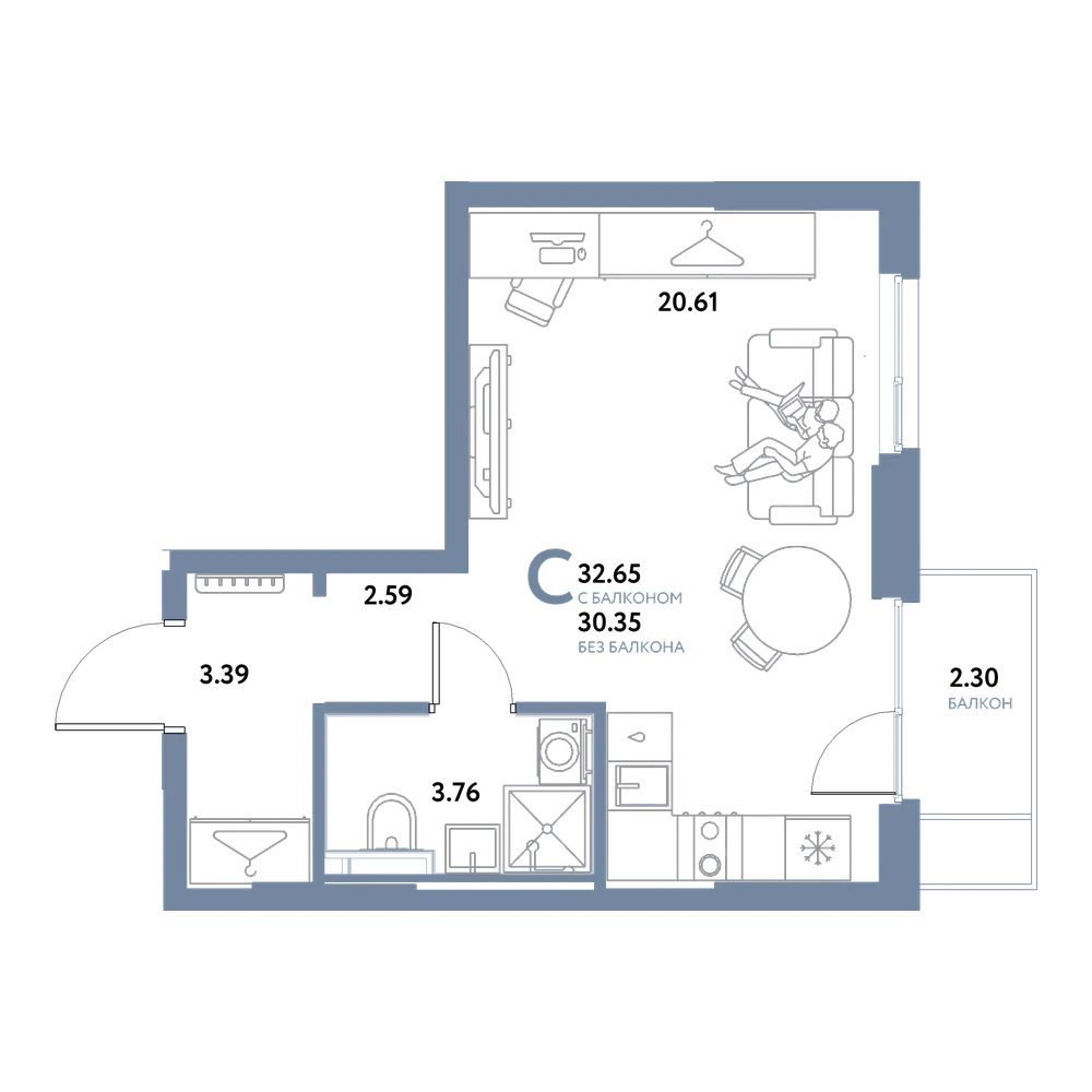 Планировка: Студия 32,65 м²