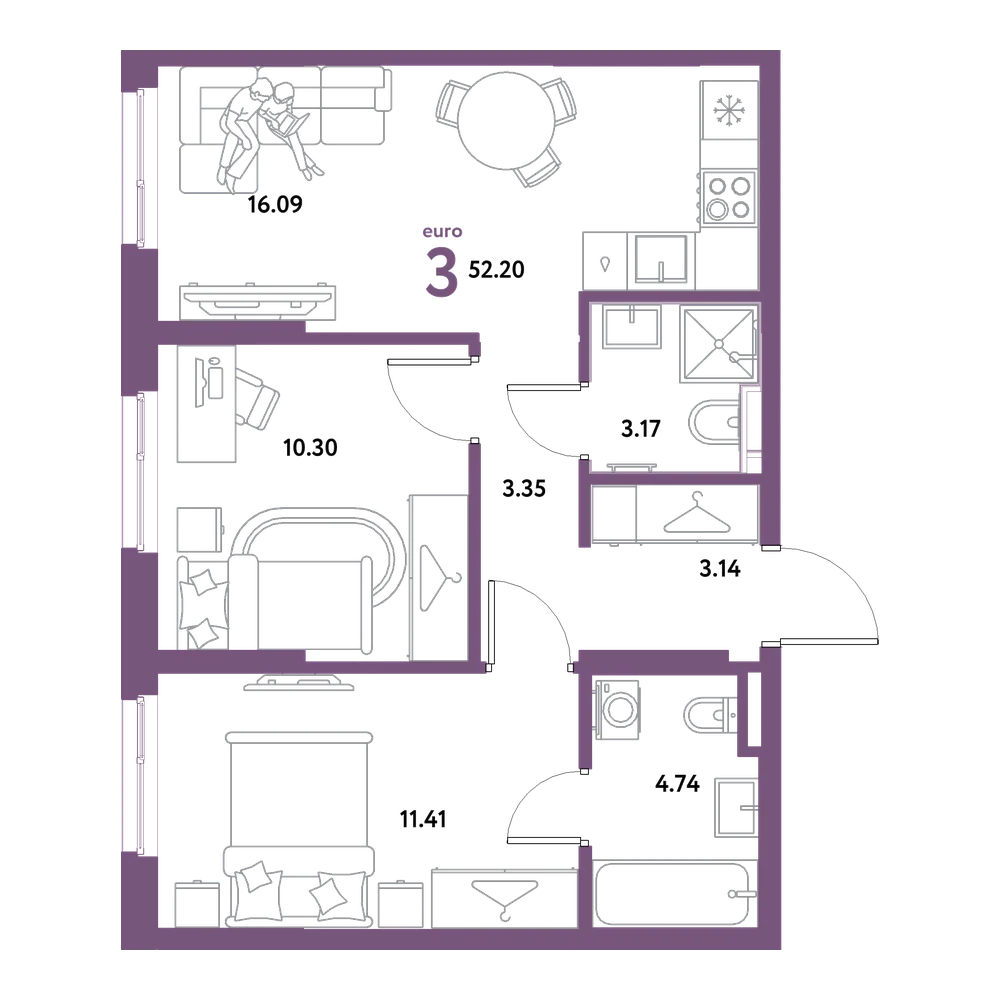 Планировка: Евротрёшка 52,2 м²