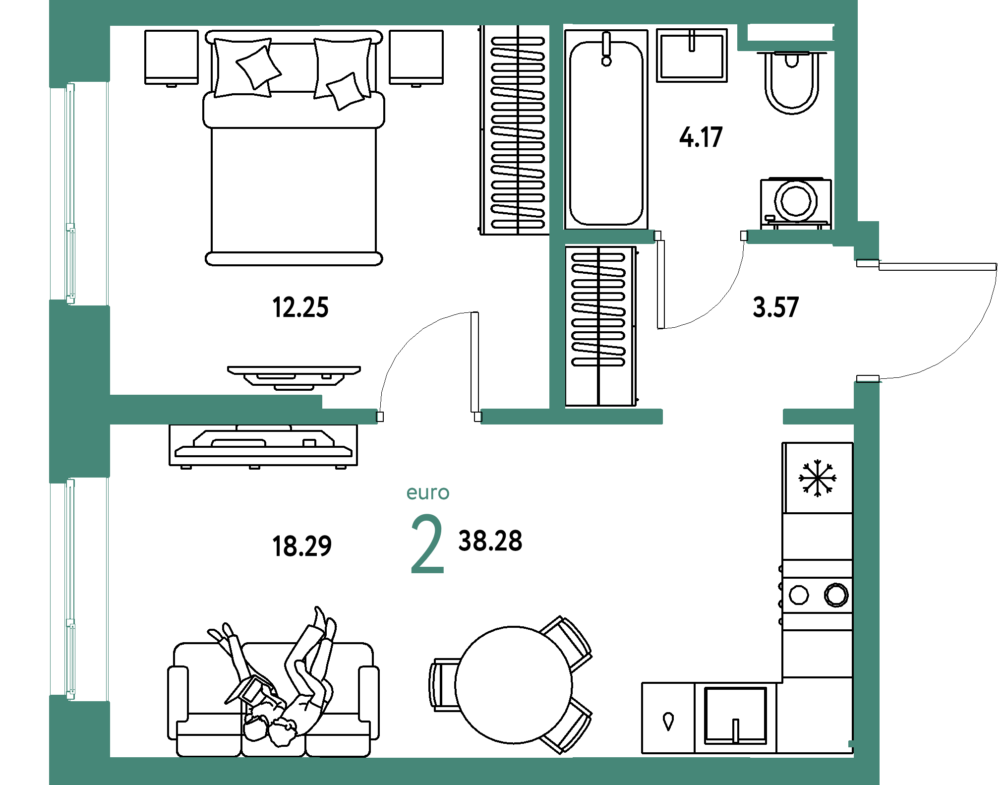 Планировка: Евродвушка 38,28 м² в ЖК «Остров-сад»