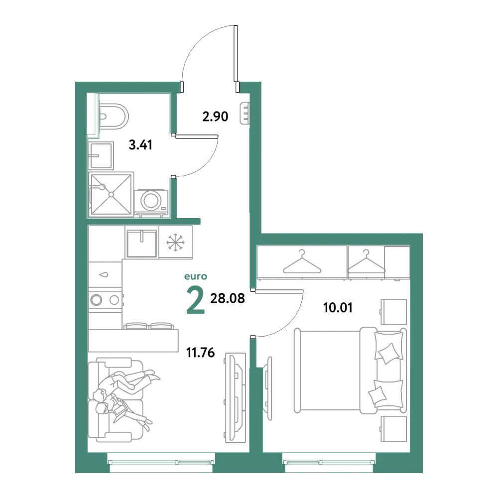 Планировка: Евродвушка 28,08 м²