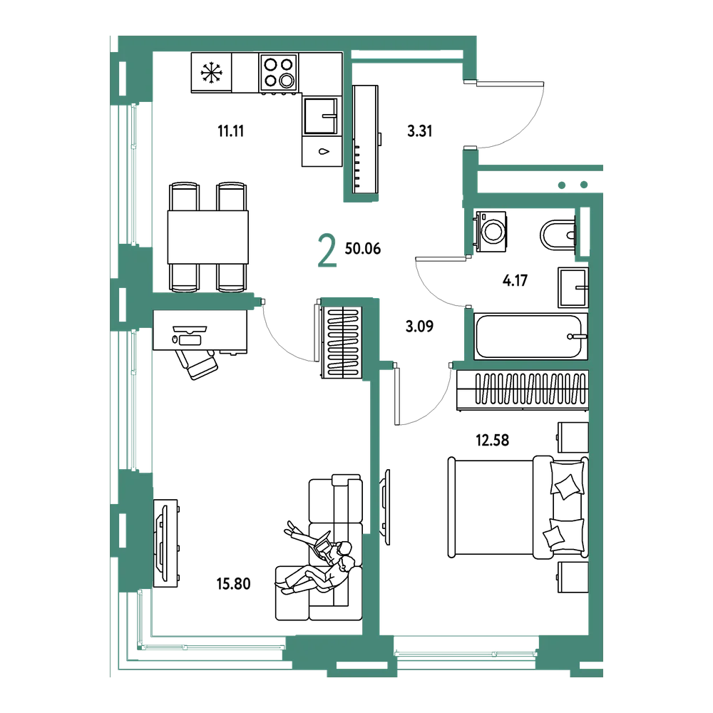 Планировка: 2-комнатная 50,06 м²
