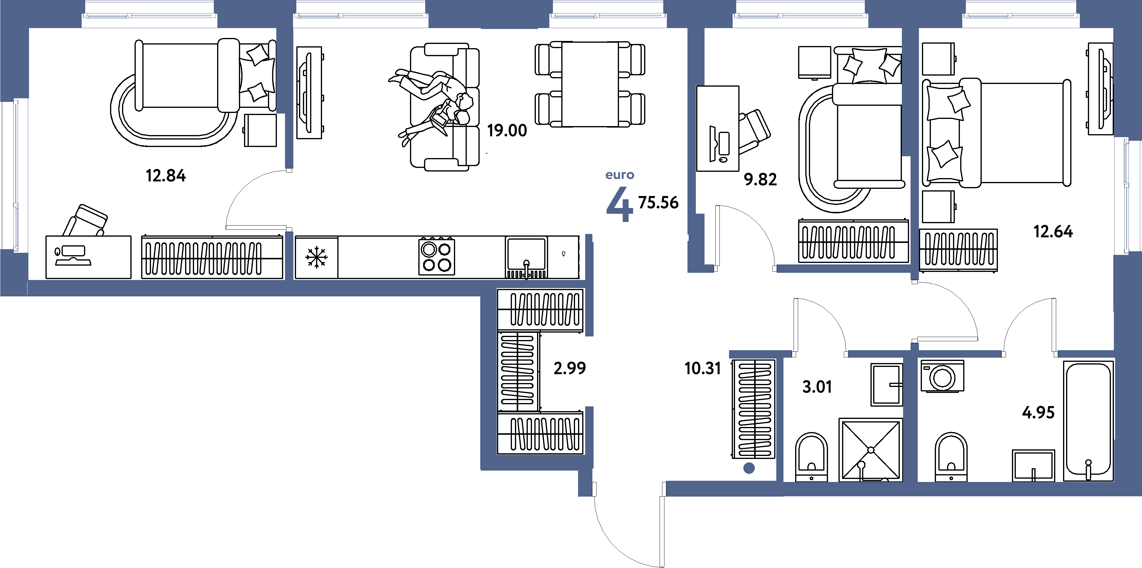 Планировка: Евро-4 75,56 м² в ЖК «Европейский берег 2.0»