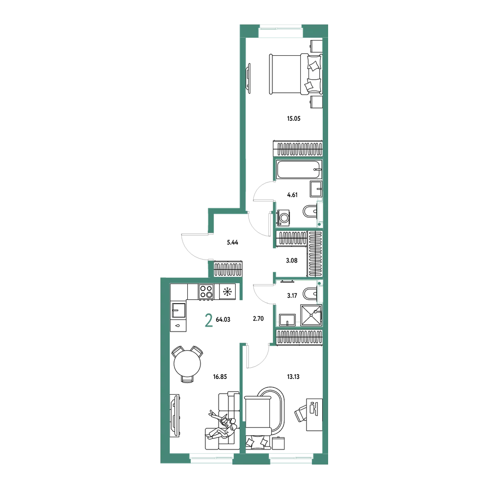 Планировка: 2-комнатная 64,03 м²