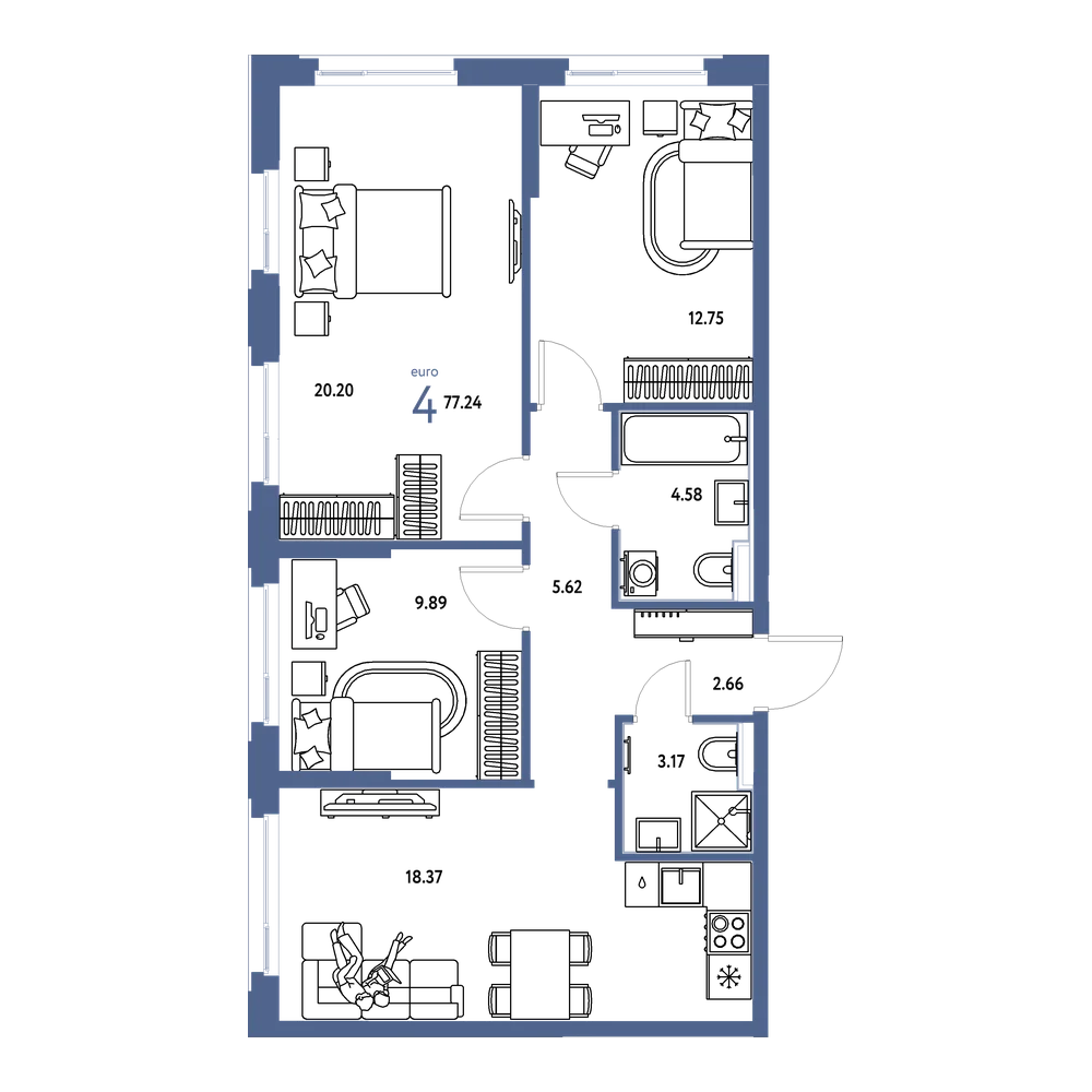 Планировка: Евро-4 77,24 м²