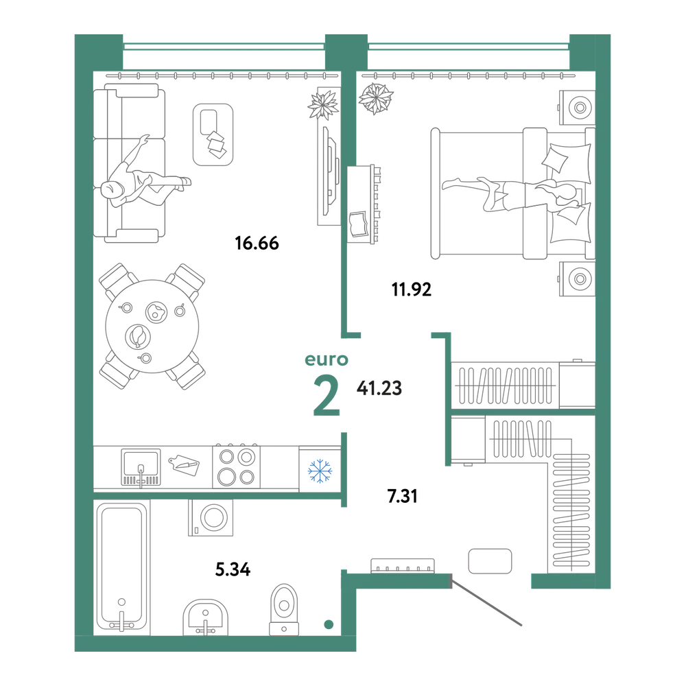 Планировка: Евродвушка 41,23 м²