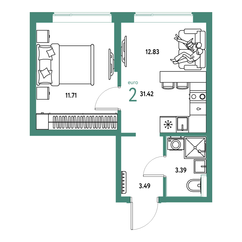 Планировка: Евродвушка 31,42 м²